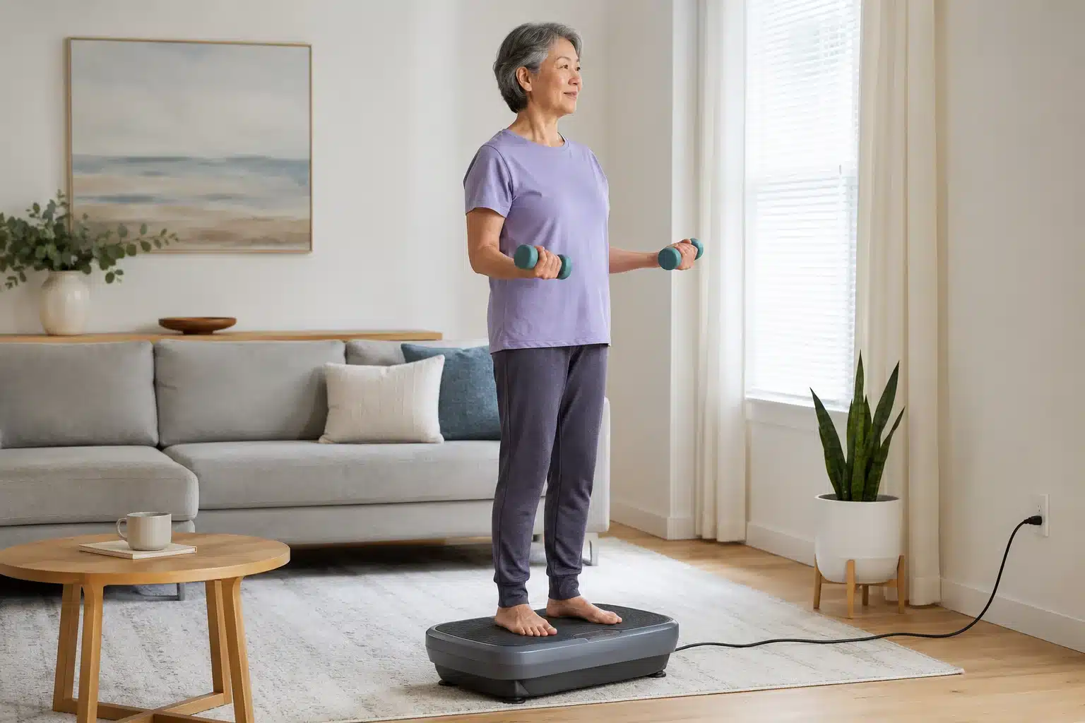 An Asian woman exercising on a vibration plate An Asian woman exercising on a vibration plate