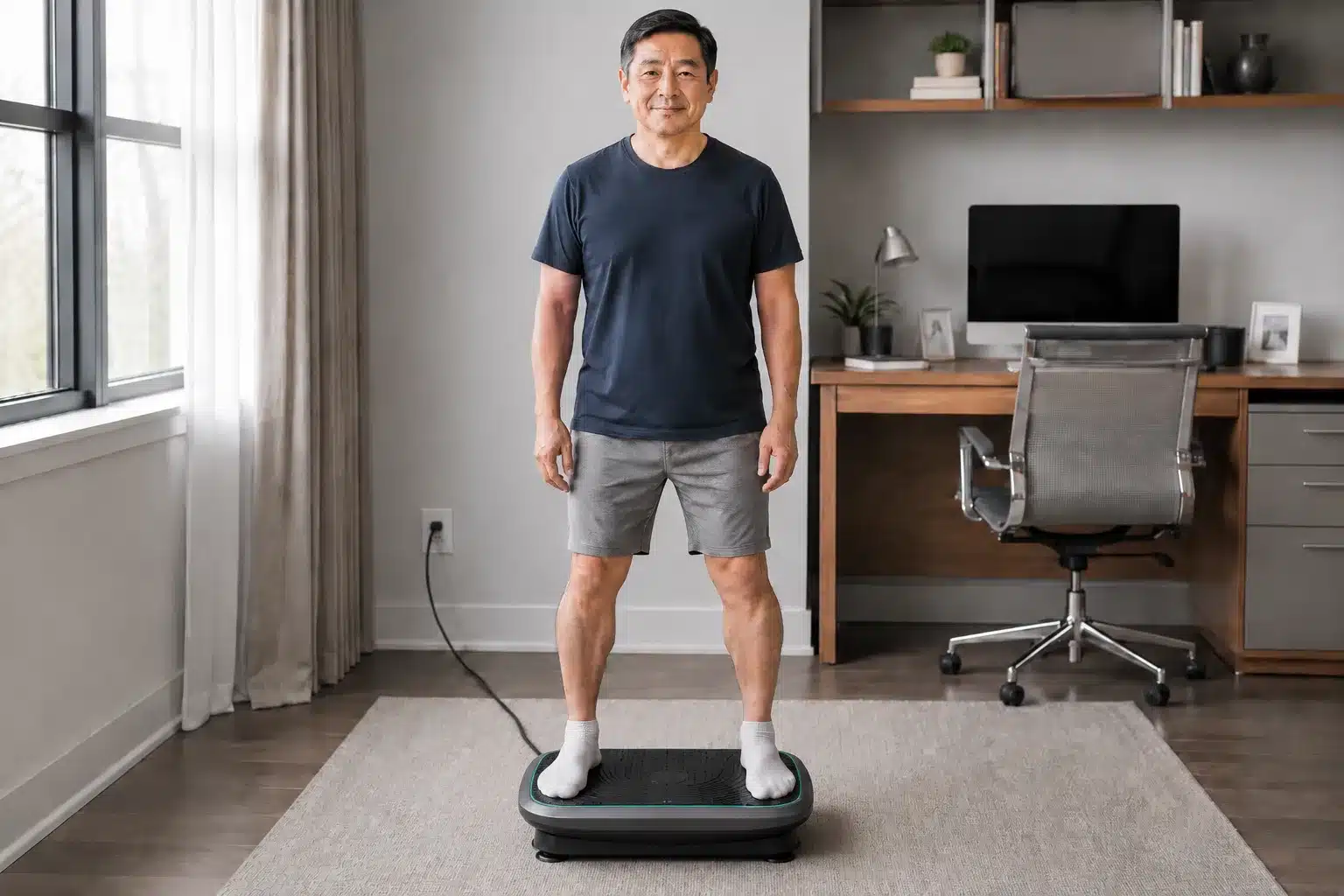 An asian man using vibration plate for autoimmune disease An asian man inn his living room using vibration plate for autoimmune disease