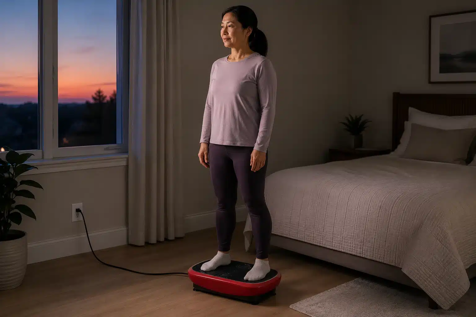 An asian woman using vibration plate for autoimmune disease An asian woman in her bedroom using vibration plate for autoimmune disease