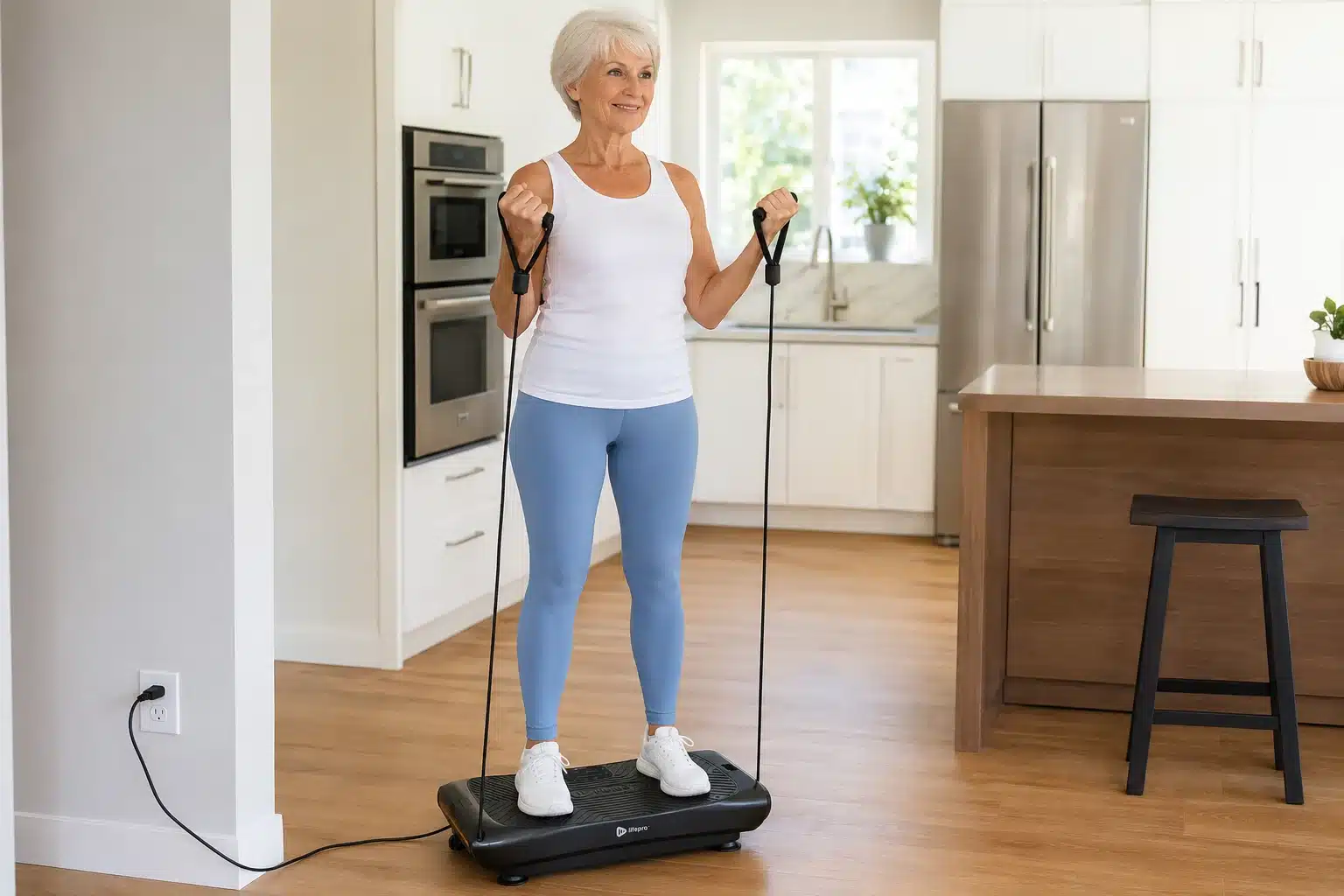 Fit senior woman in modern kitchen exercising on the Lifepro Rumblex Pro 4D Fit senior woman in modern kitchen exercising on the Lifepro Rumblex Pro 4D