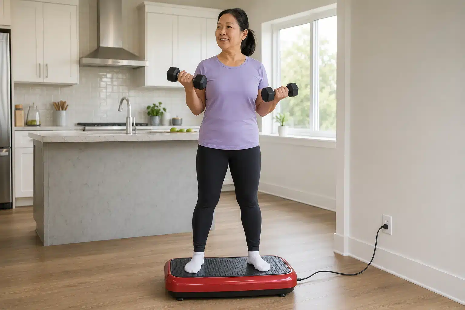 Middle-aged Asian woman doing dumbbell curls on a red vibration plate in a bright modern kitchen Middle-aged Asian woman doing dumbbell curls on a red vibration plate in a bright modern kitchen