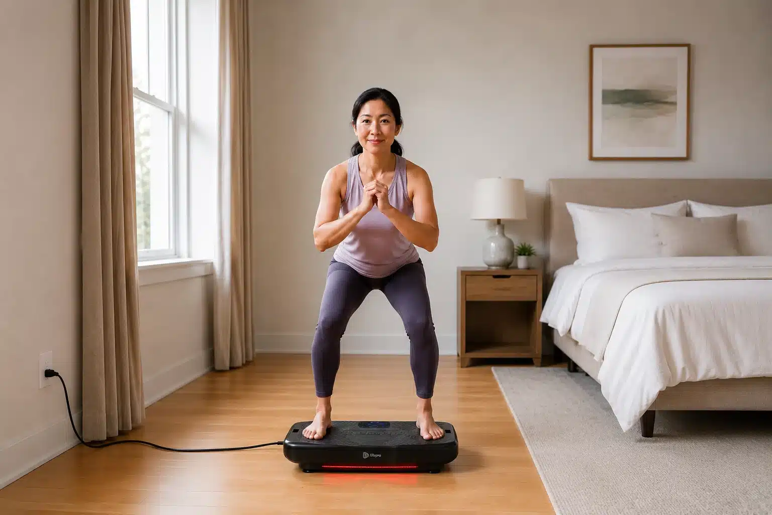 Middle-aged Asian woman in bedroom exercising on the Lifepro Rumblex Pro 4D Middle-aged Asian woman in bedroom exercising on the Lifepro Rumblex Pro 4D