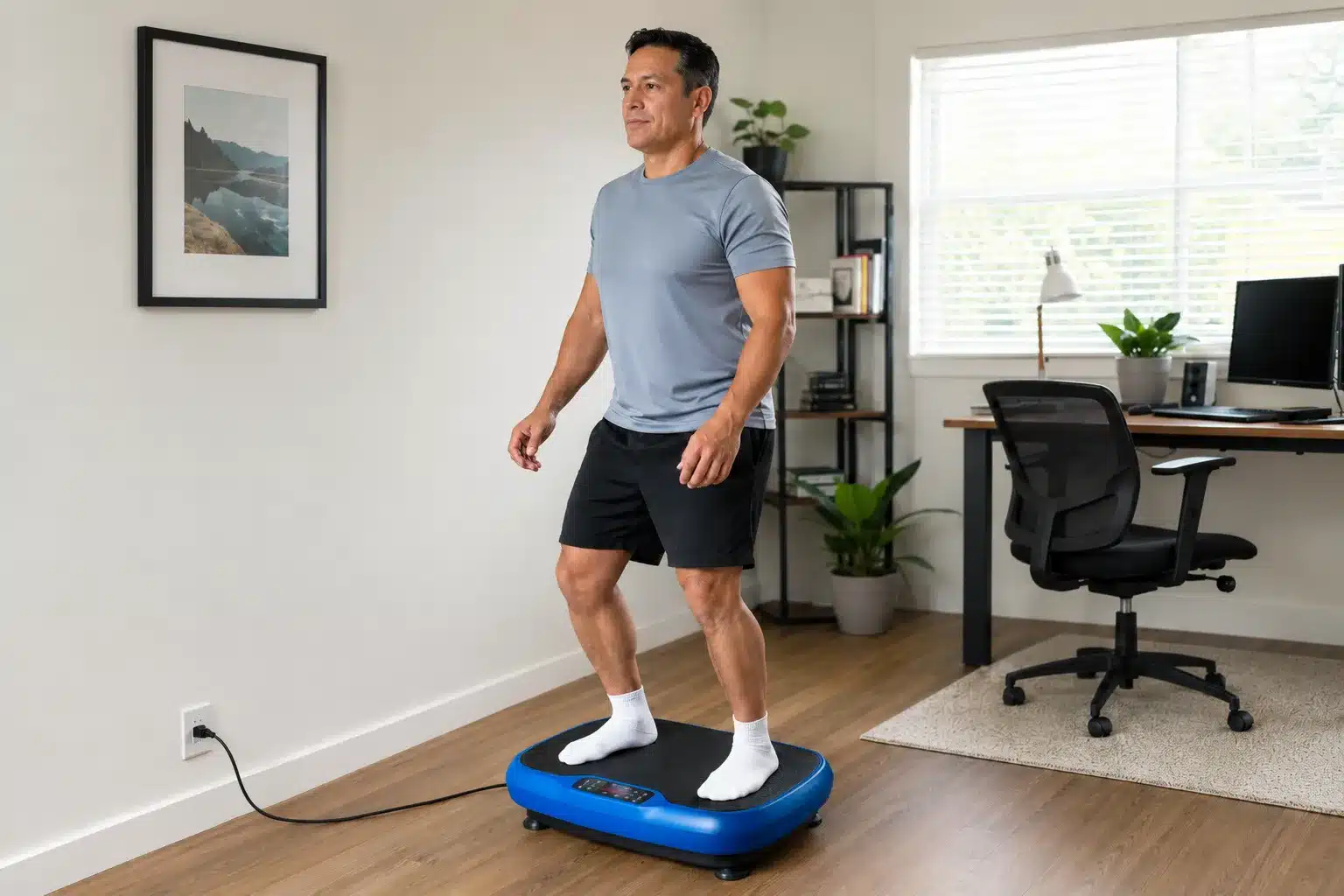 Middle-aged man exercising on a blue vibration plate in a bright modern home office Middle-aged man exercising on a blue vibration plate in a bright modern home office