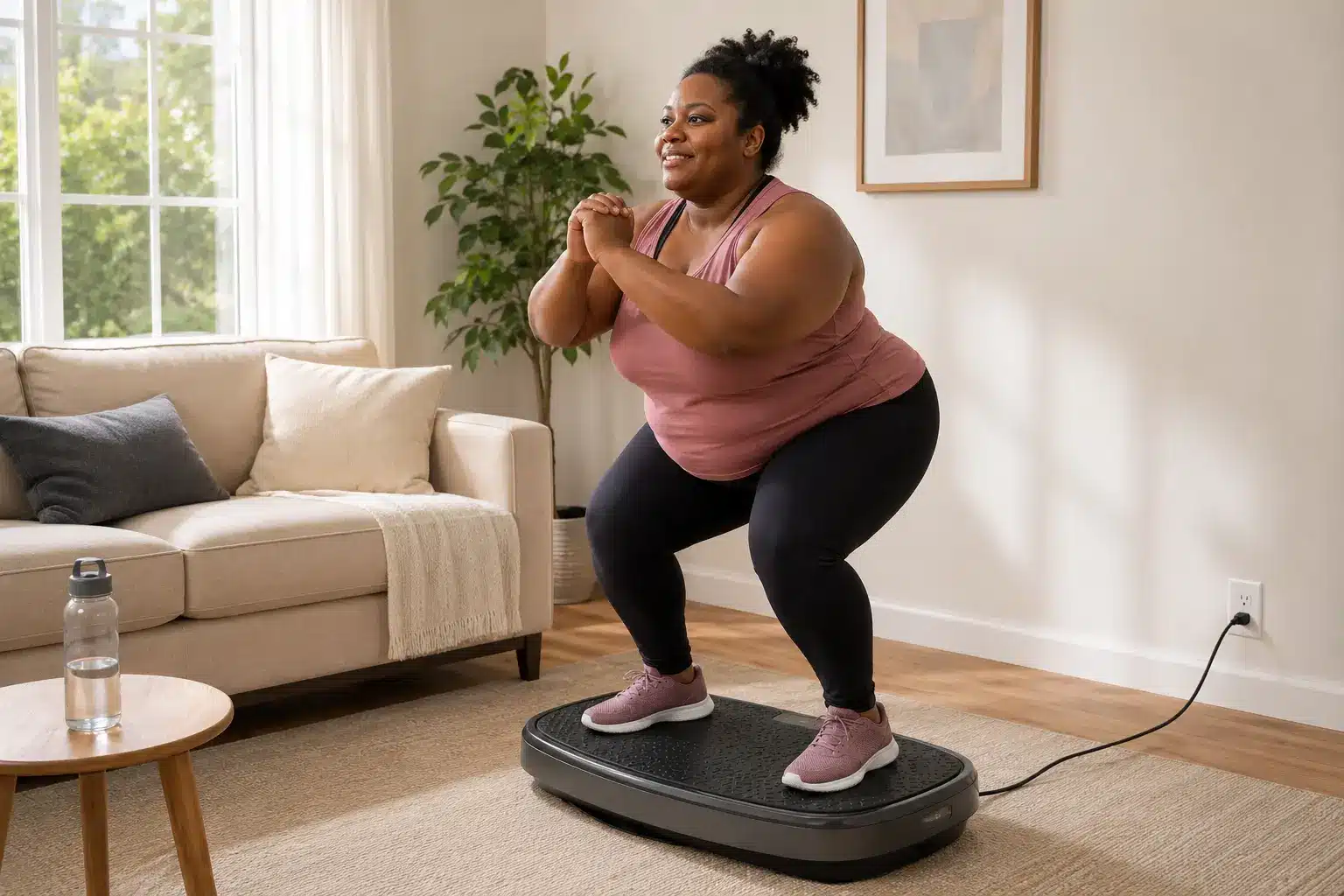 Obese African American woman exercising on a vibration plate Obese African American woman exercising on a vibration plate