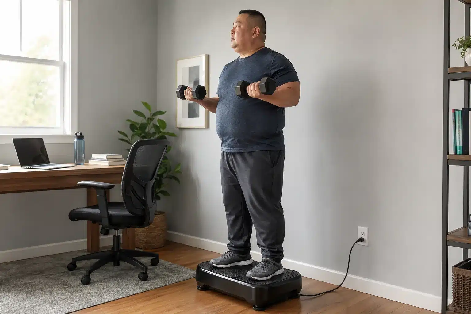 Obese Asian man on a vibration plate Obese Asian man on a vibration plate