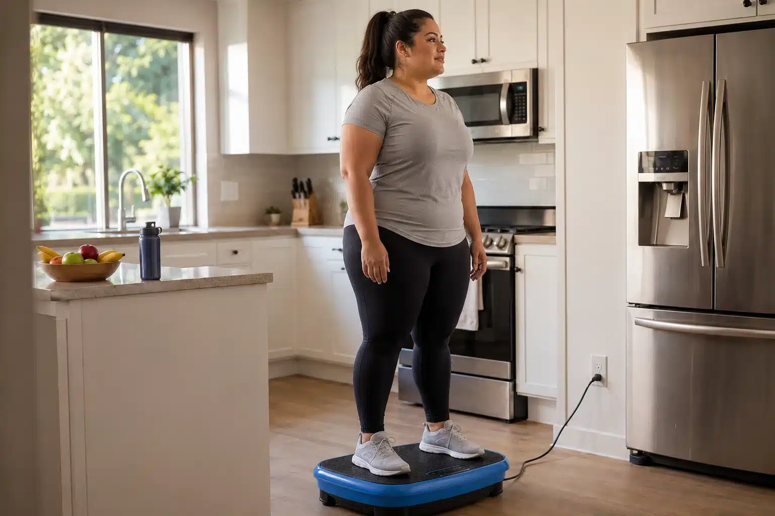 Obese Latino young woman on a vibration plate Obese Latino young woman on a vibration plate