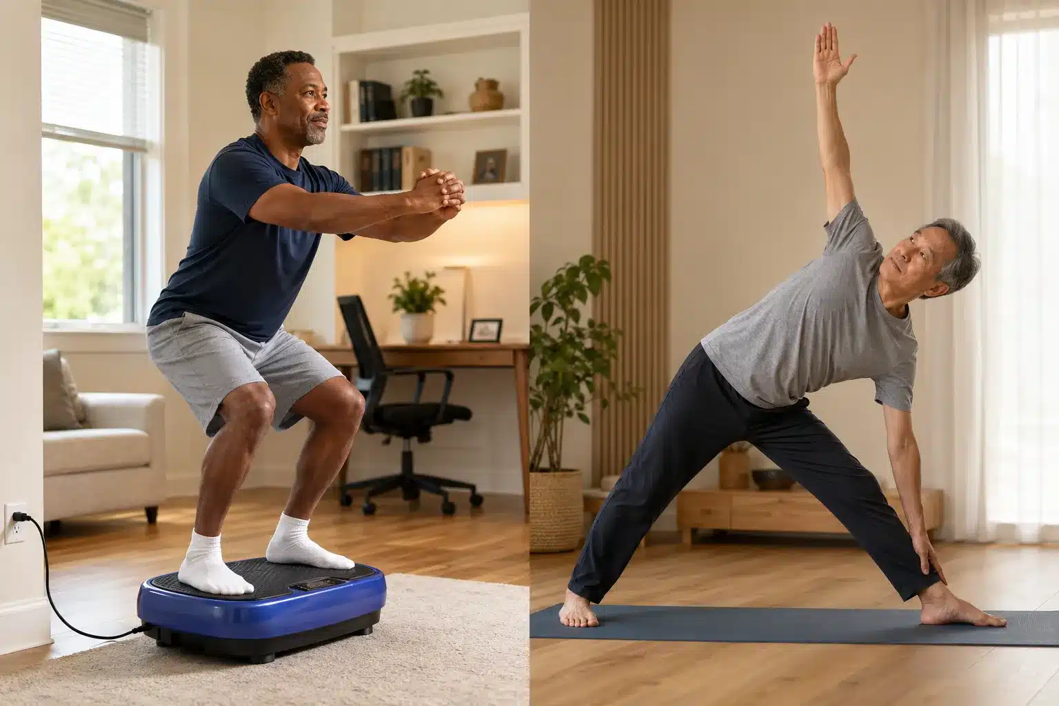 One man half squatting on a vibration plate and another man doing yoga One man half squatting on a vibration plate and another man doing yoga