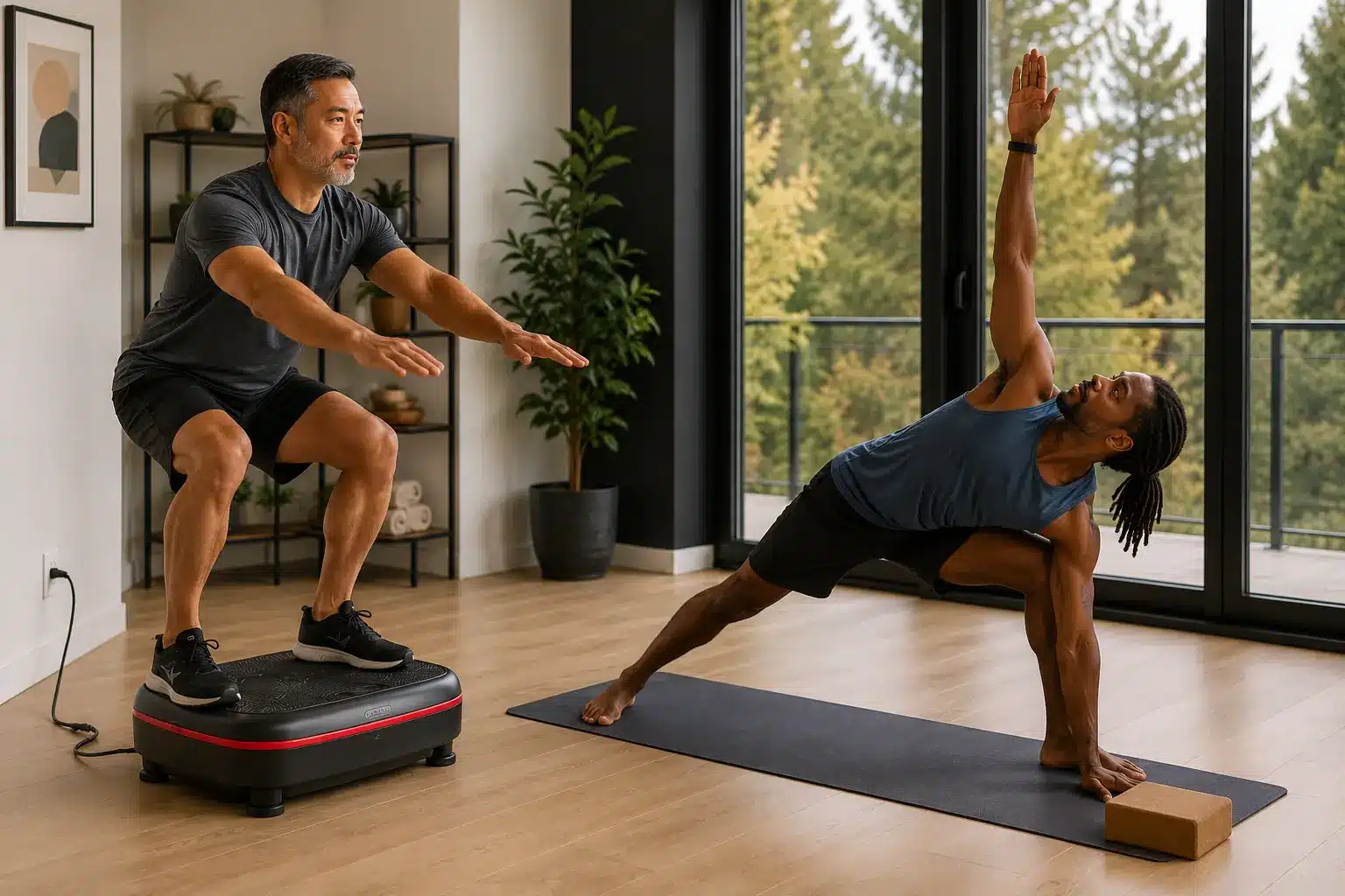 One man half squatting on a vibration plate and one man doing yoga exercises One man half squatting on a vibration plate and one man doing yoga exercises