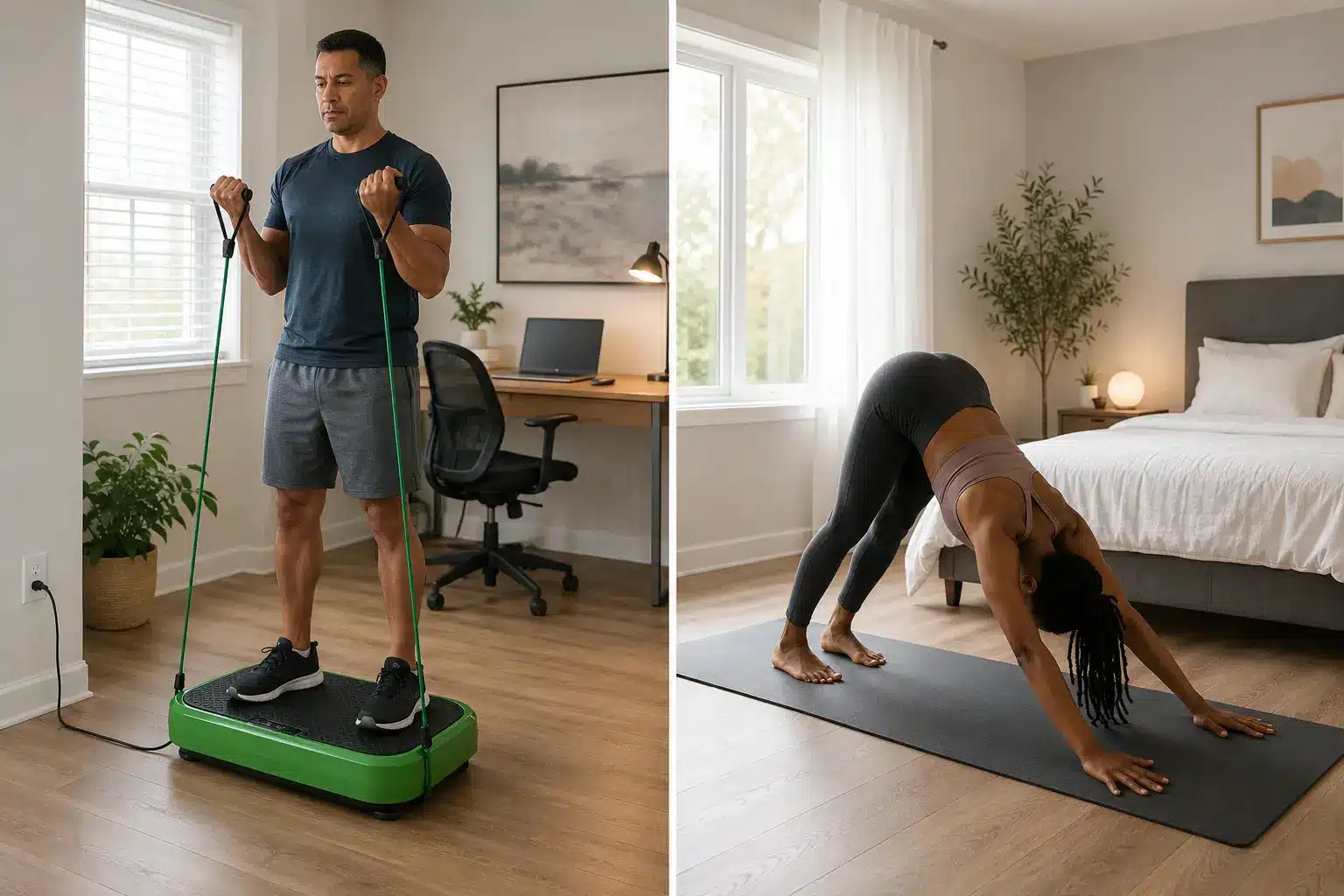 One man using elastic bands on a vibration plate and one woman doing yoga exercises One man using elastic bands on a vibration plate and one woman doing yoga exercises