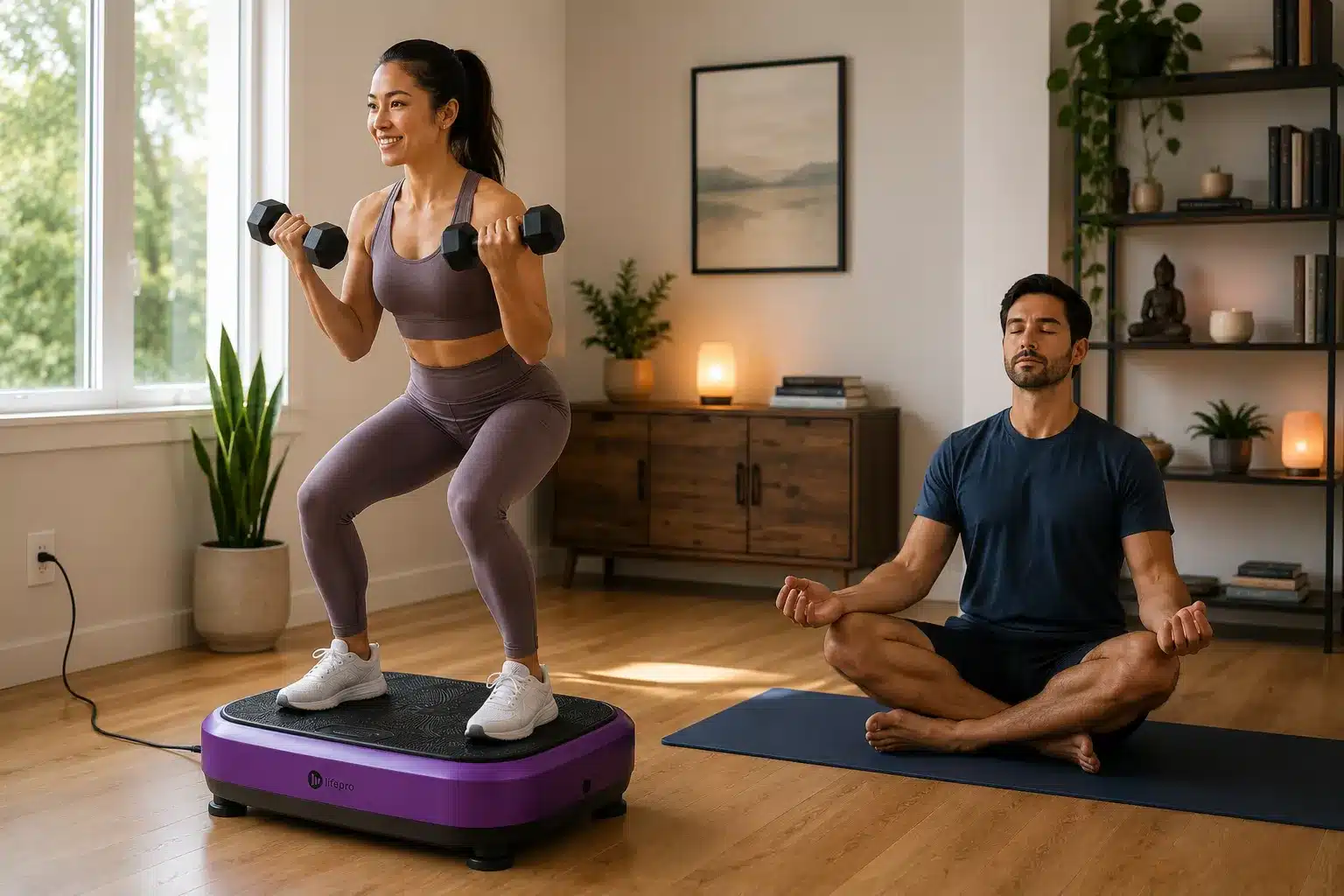 One woman using dumbbells on a vibration plate and one man doing yoga in a lotus pose One woman using dumbbells on a vibration plate and one man doing yoga in a lotus pose