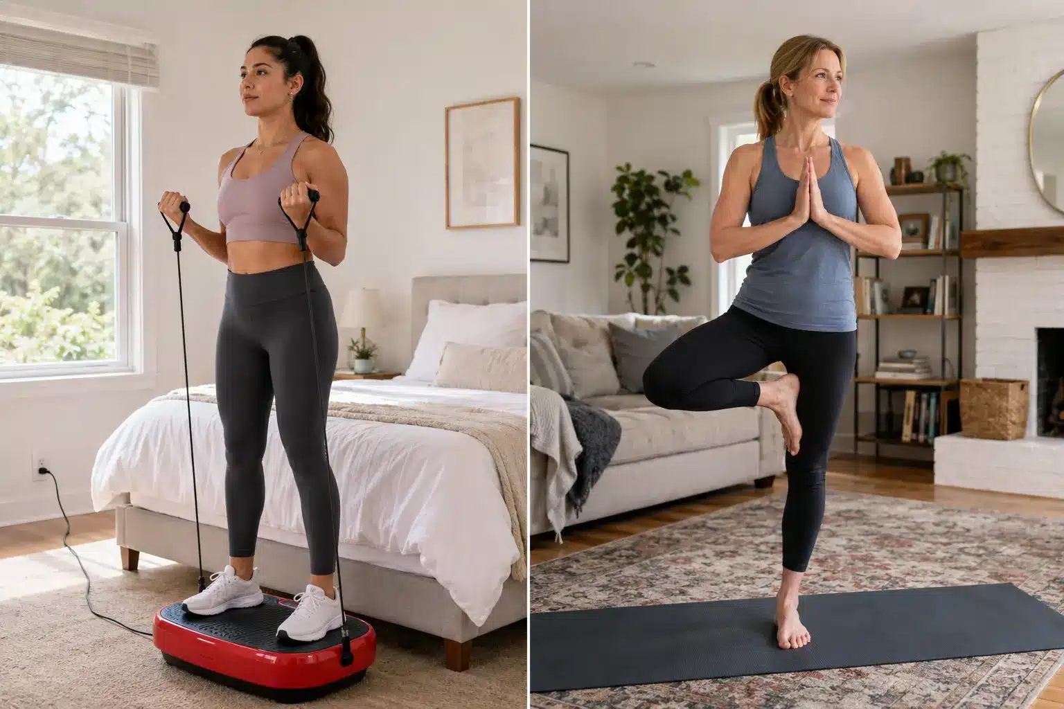 One woman using elastic bands on a vibration plate and another woman doing yoga One woman using elastic bands on a vibration plate and another woman doing yoga