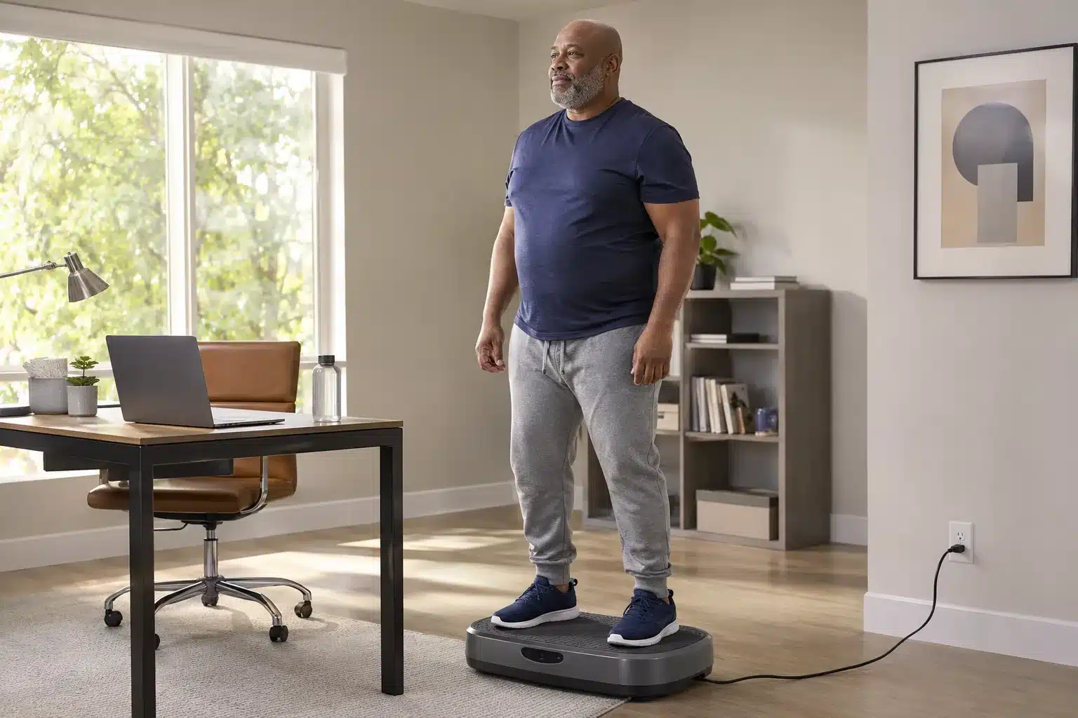 Owerweight African American male on a vibration plate Owerweight African American male on a vibration plate