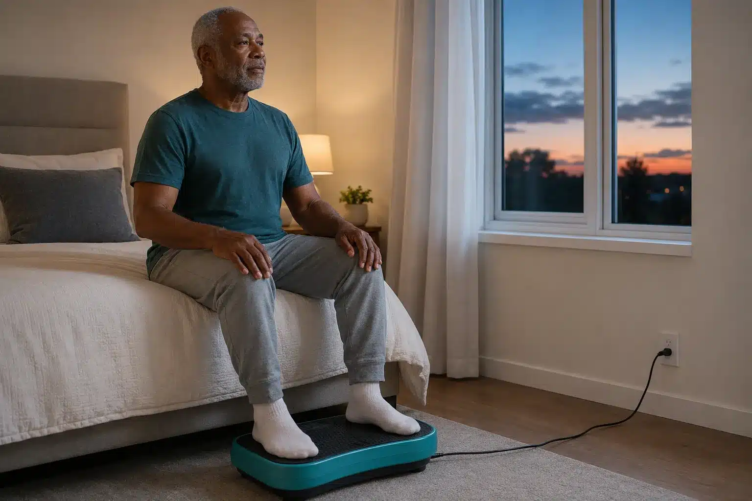 Senior man seated on the edge of a bed with his feet resting on a teal vibration plate in a calm evening bedroom Senior man seated on the edge of a bed with his feet resting on a teal vibration plate in a calm evening bedroom