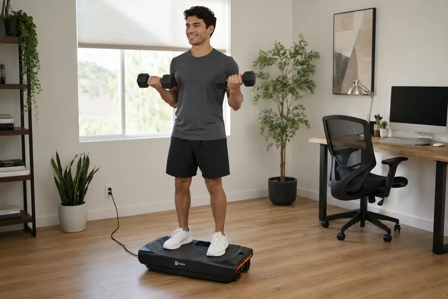 Young Latino man in home office exercising on the Lifepro Rumblex Pro 4D Young Latino man in home office exercising on the Lifepro Rumblex Pro 4D