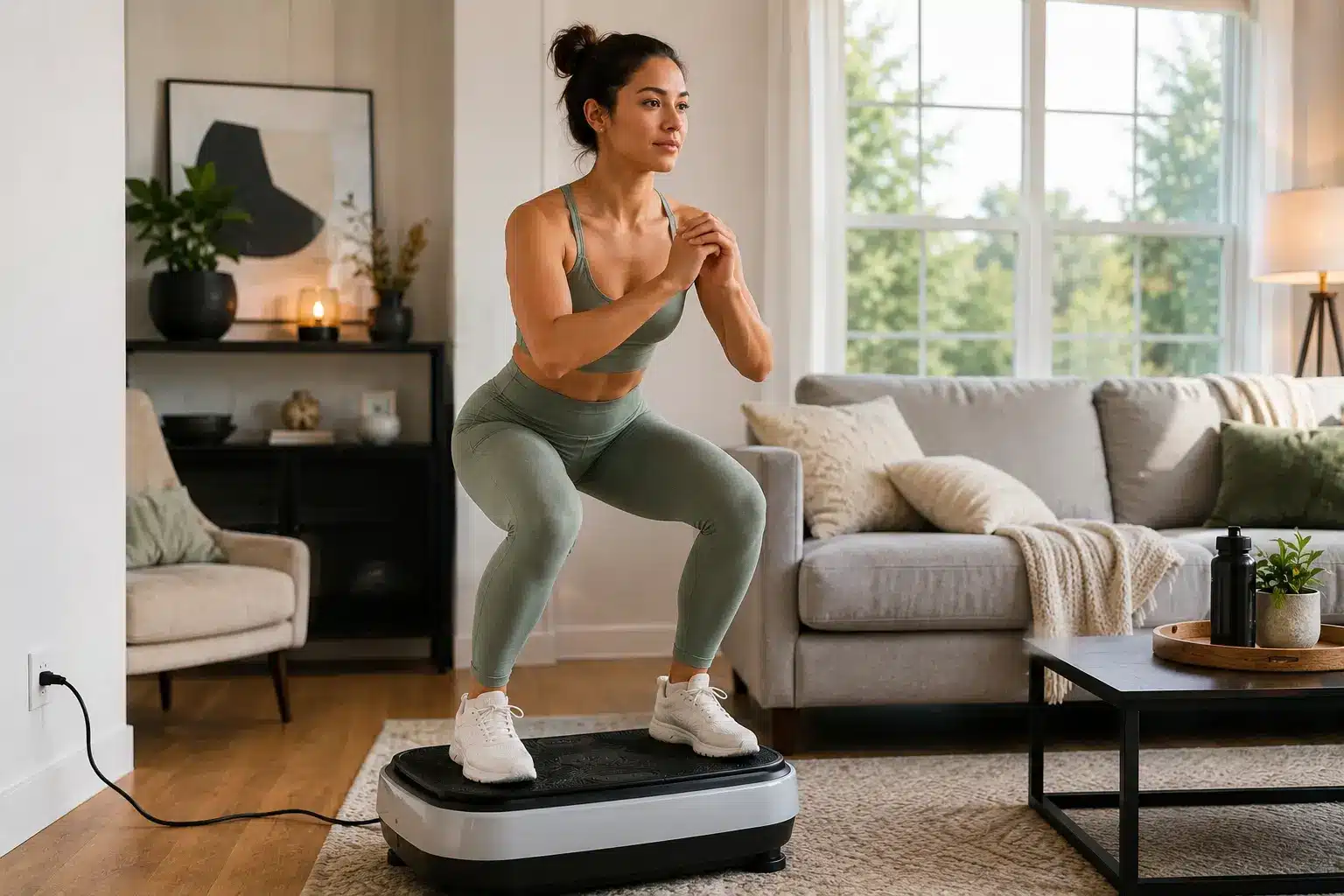 Young woman doing a half squat on a vibration plate in a bright modern living room Young woman doing a half squat on a vibration plate in a bright modern living room