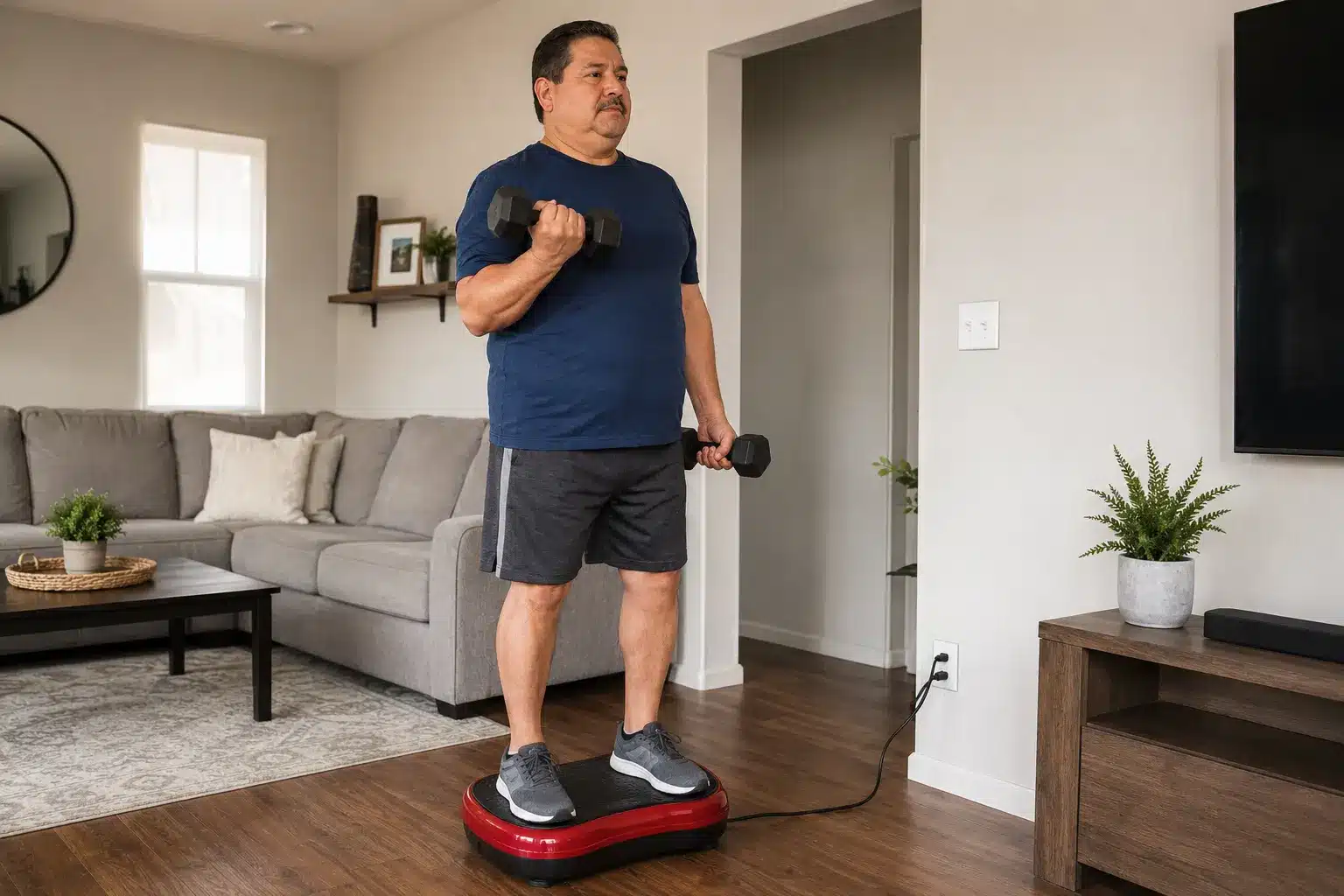 A little overweight Hispanic man doing dumbbell curls on a red vibration plate in a modern living room. A little overweight Hispanic man doing dumbbell curls on a red vibration plate in a modern living room.