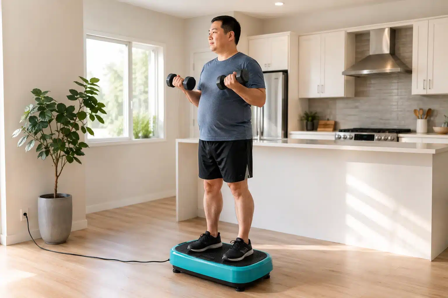 A man with an overweight build exercising on a vibration plate in a home fitness setting. A man with a belly fat exercising on a vibration plate in a home fitness setting.