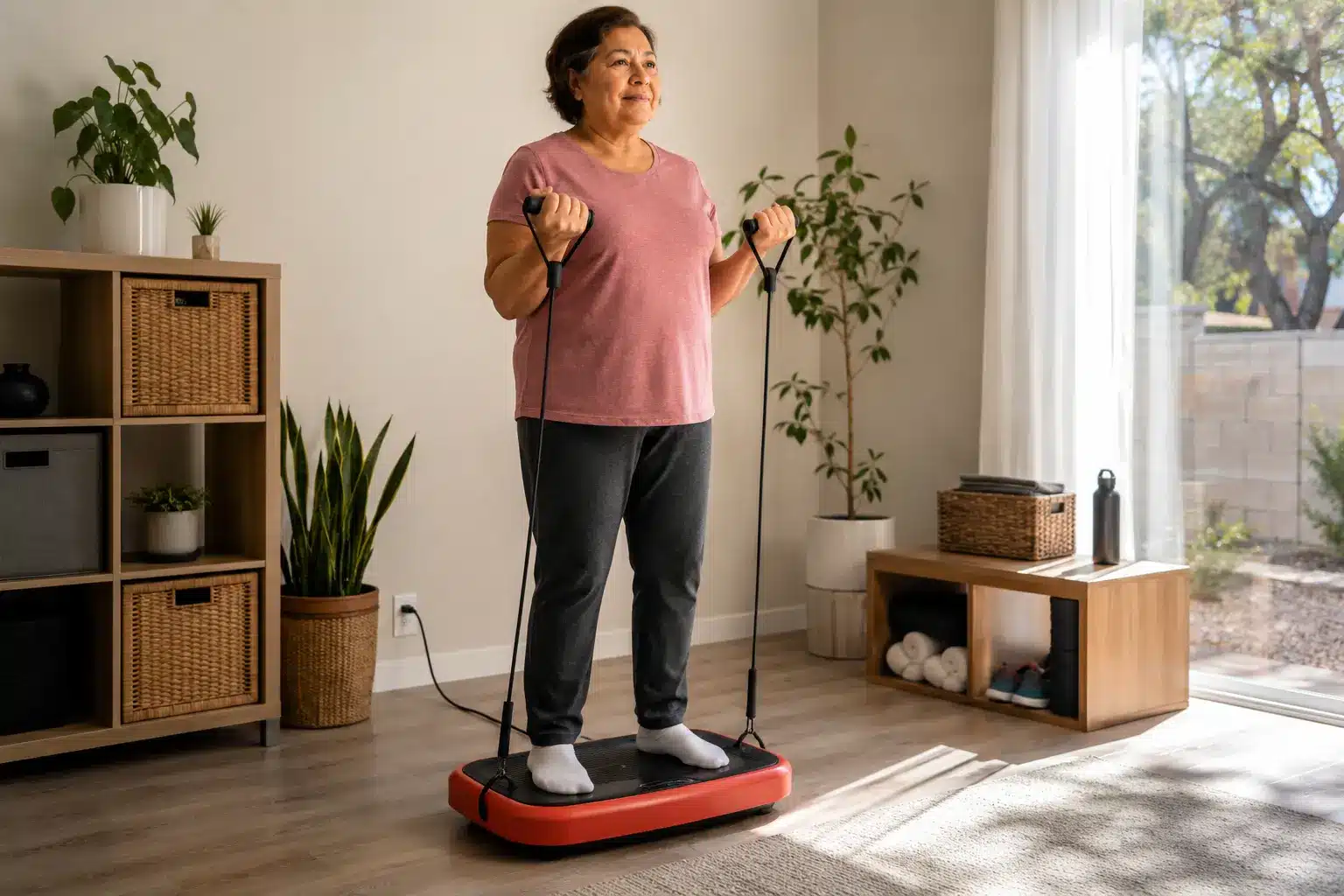 A sedentary older woman using resistance bands on a red vibration plate in a sunny home workout room. A sedentary older woman using resistance bands on a red vibration plate in a sunny home workout room.