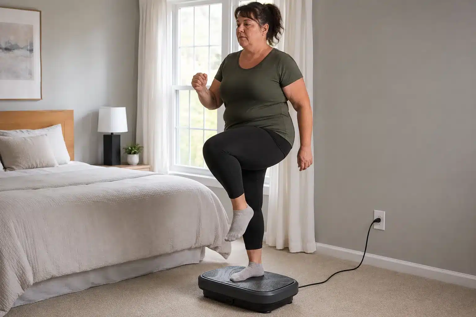 A woman with an overweight build doing a knee raise on a dark gray vibration plate in a bright bedroom. A woman with an overweight build doing a knee raise on a dark gray vibration plate in a bright bedroom.