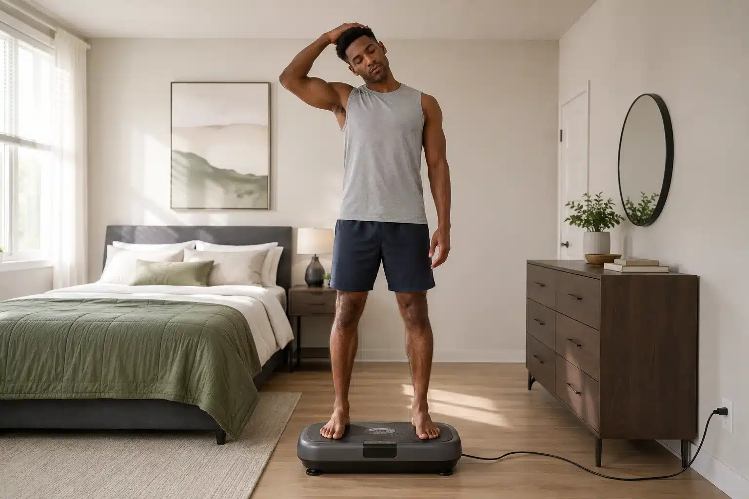 African American man doing a gentle neck stretch on a dark gray vibration plate in a bright modern bedroom. African American man doing a gentle neck stretch on a dark gray vibration plate in a bright modern bedroom.