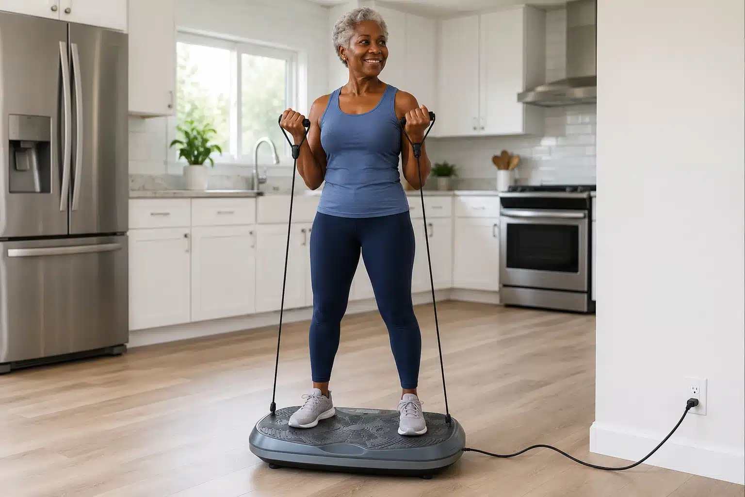 African American senior woman using resistance bands on the Sunny Health & Fitness Fitboard 3D in a bright modern kitchen. African American senior woman using resistance bands on the Sunny Health & Fitness Fitboard 3D in a bright modern kitchen.