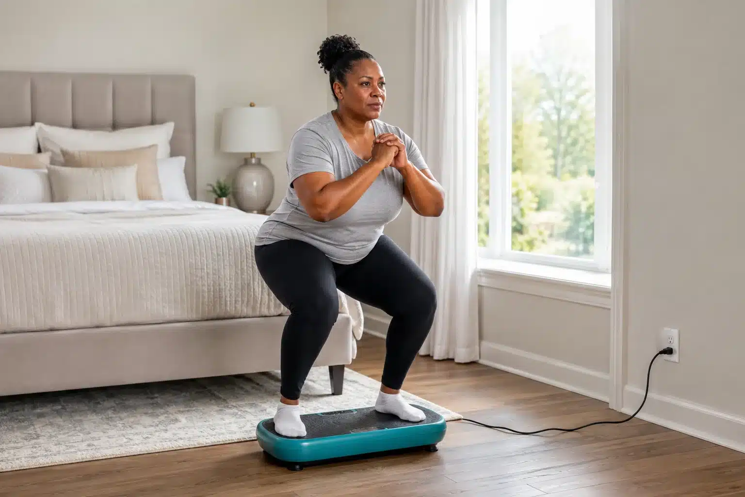 An overweight African American woman doing a squat on a teal vibration plate in a bright bedroom. An overweight African American woman doing a squat on a teal vibration plate in a bright bedroom.