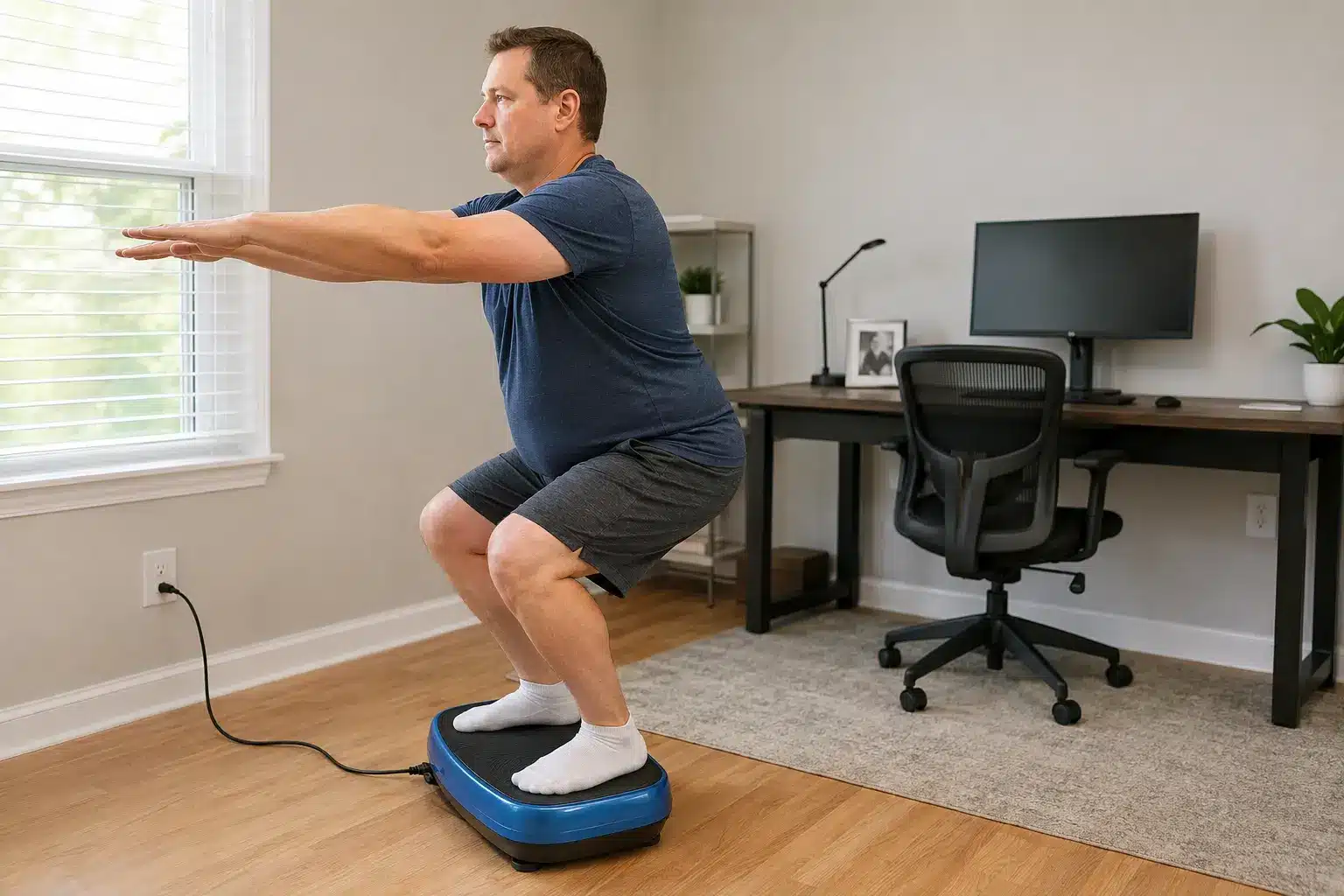 An overweight man doing a half squat on a blue vibration plate in a bright home office. An overweight man doing a half squat on a blue vibration plate in a bright home office.