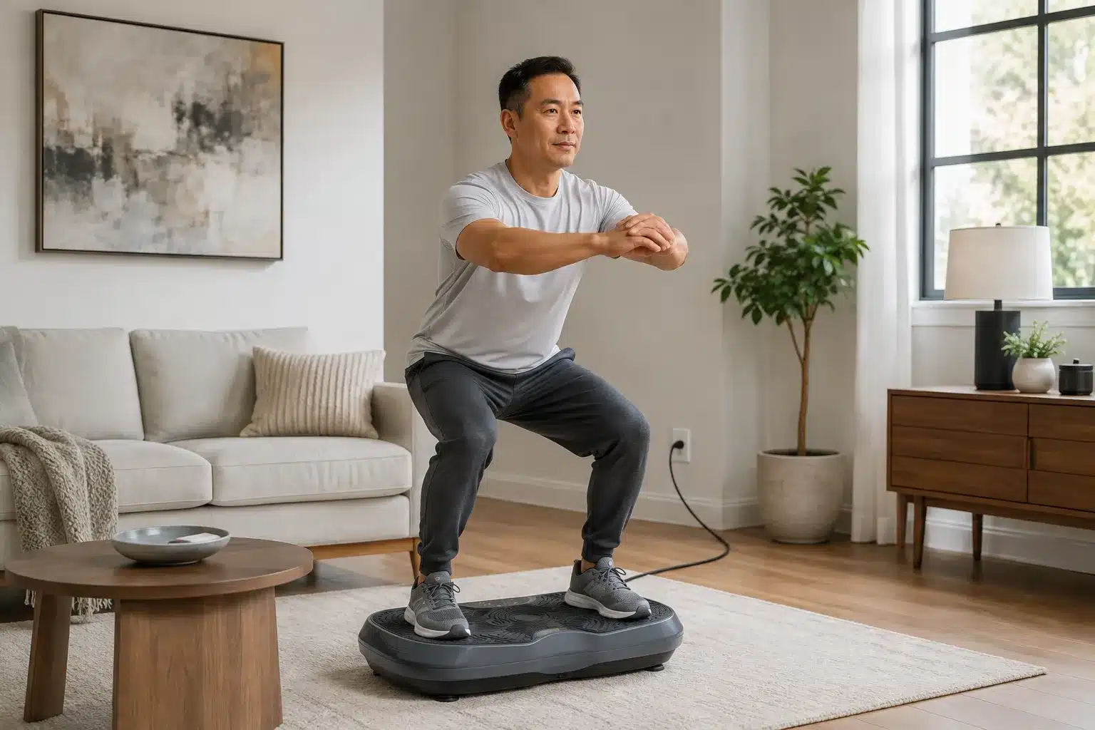 Asian man doing a half squat on the Sunny Health & Fitness Fitboard 3D in a bright modern living room. Asian man doing a half squat on the Sunny Health & Fitness Fitboard 3D in a bright modern living room.