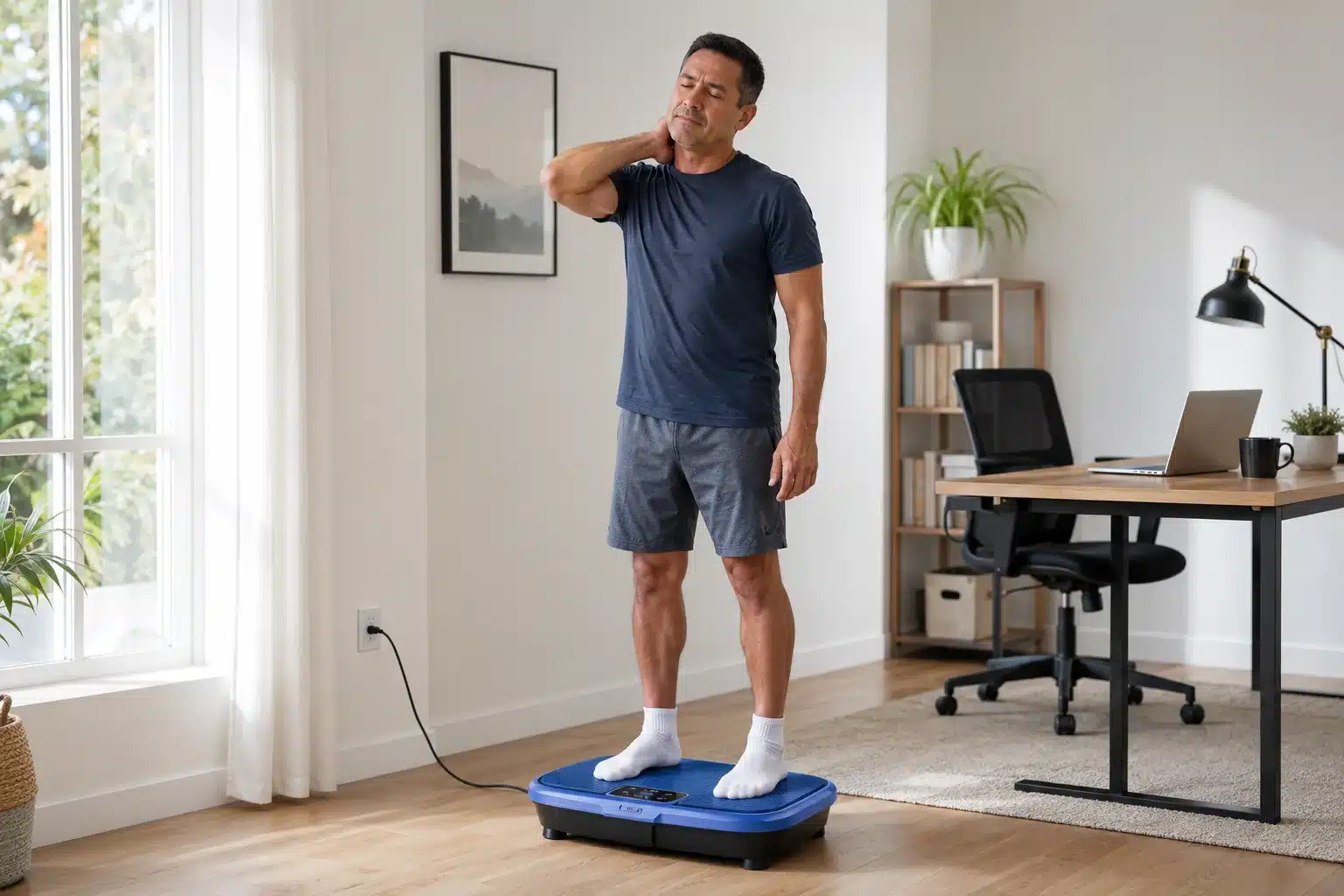Man standing on a blue vibration plate while holding his neck in a bright home office. Man standing on a blue vibration plate while holding his neck in a bright home office.