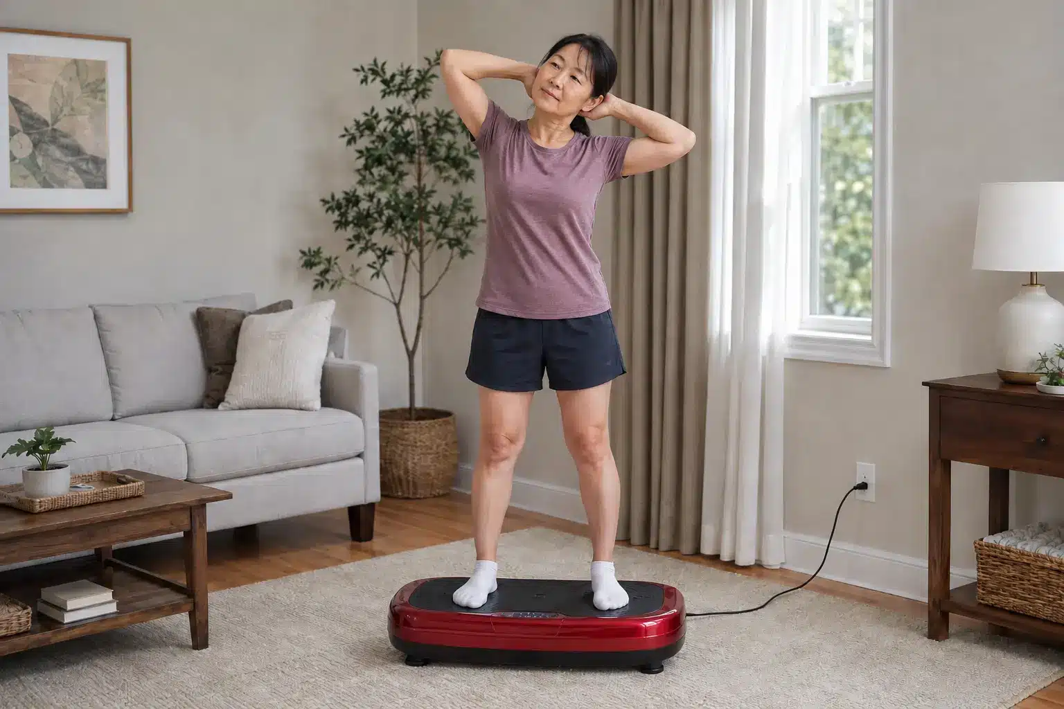 Middle-aged Asian woman doing a gentle neck stretch on a red vibration plate in a cozy living room. Middle-aged Asian woman doing a gentle neck stretch on a red vibration plate in a cozy living room.