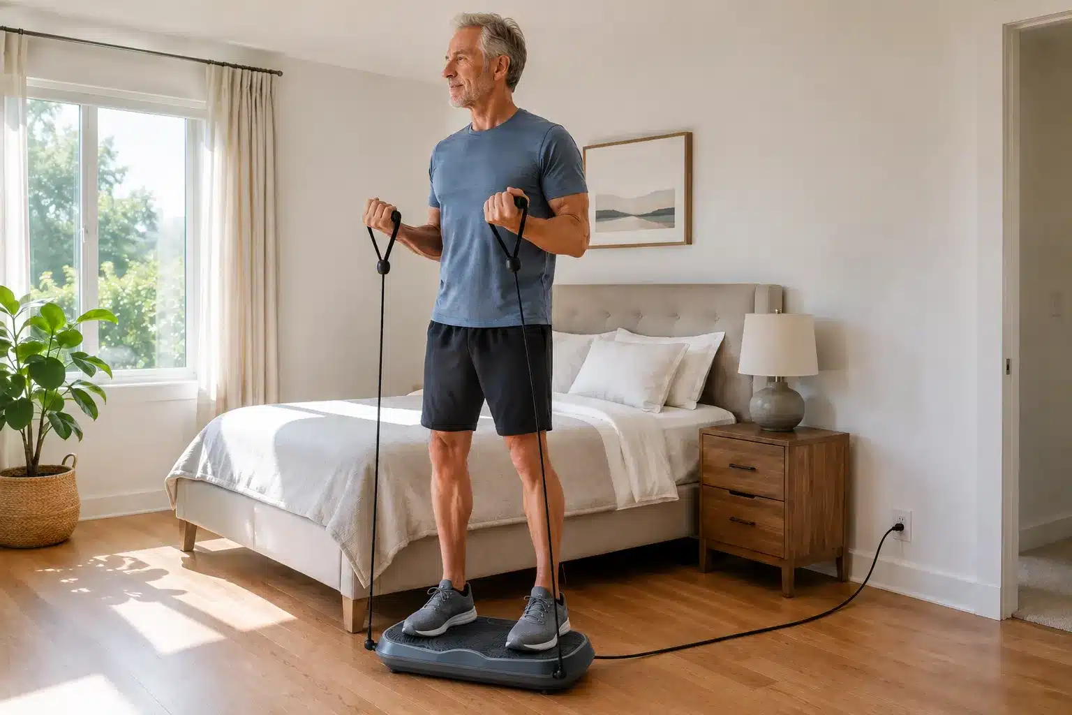 Senior man using resistance bands on the Sunny Health & Fitness Fitboard 3D in a bright bedroom. Senior man using resistance bands on the Sunny Health & Fitness Fitboard 3D in a bright bedroom.