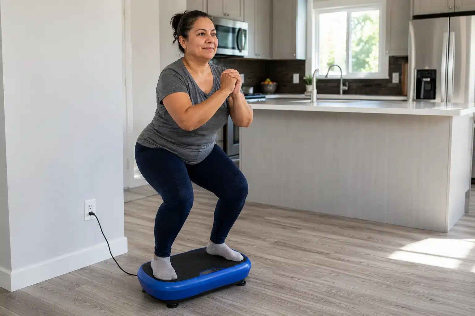 Slightly obese, sedentary lifestyle woman doing a half squat on a blue vibration plate in a bright modern kitchen. Slightly obese, sedentary lifestyle woman doing a half squat on a blue vibration plate in a bright modern kitchen.