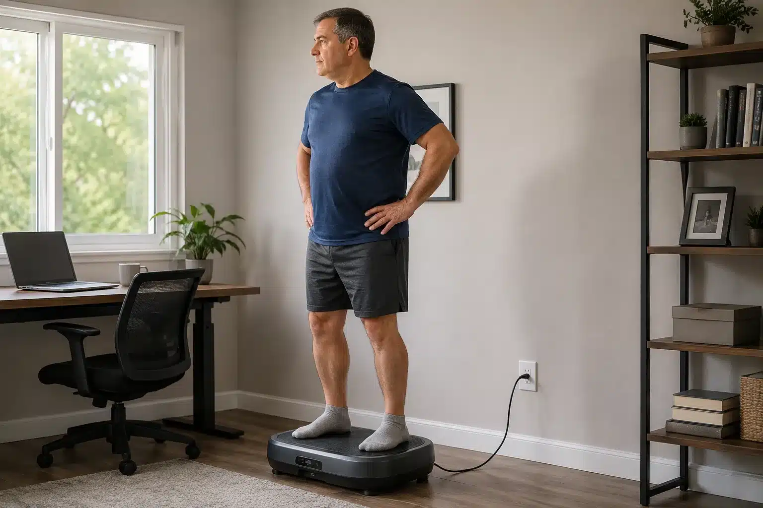 Slightly overweight middle-aged man standing on a dark gray vibration plate in a bright home office. Slightly overweight middle-aged man standing on a dark gray vibration plate in a bright home office.