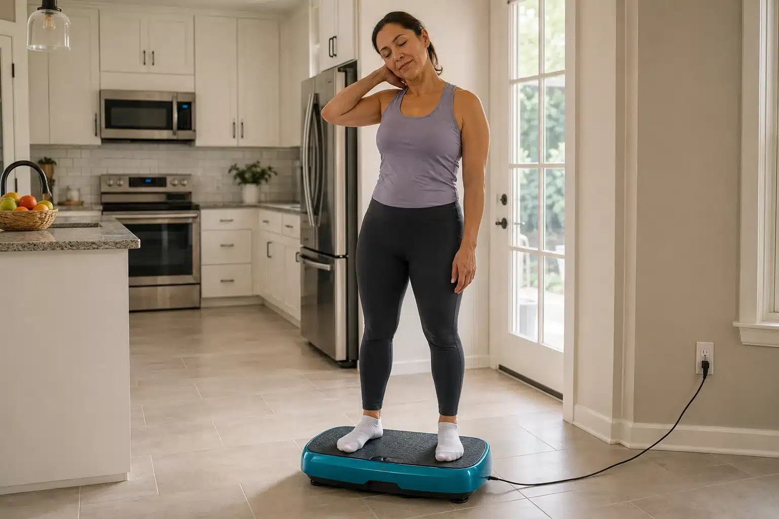 Woman doing a gentle neck stretch on a teal vibration plate in a bright modern kitchen. Woman doing a gentle neck stretch on a teal vibration plate in a bright modern kitchen.