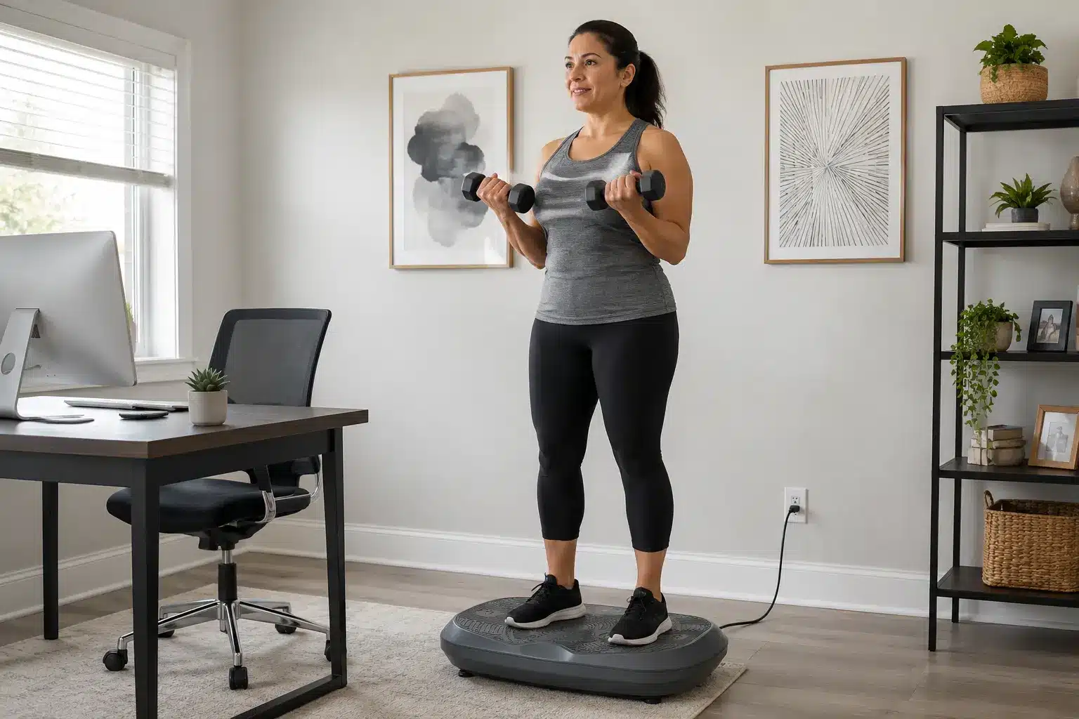 Woman doing dumbbell curls on the Sunny Health & Fitness Fitboard 3D in a bright modern home office. Woman doing dumbbell curls on the Sunny Health & Fitness Fitboard 3D in a bright modern home office.