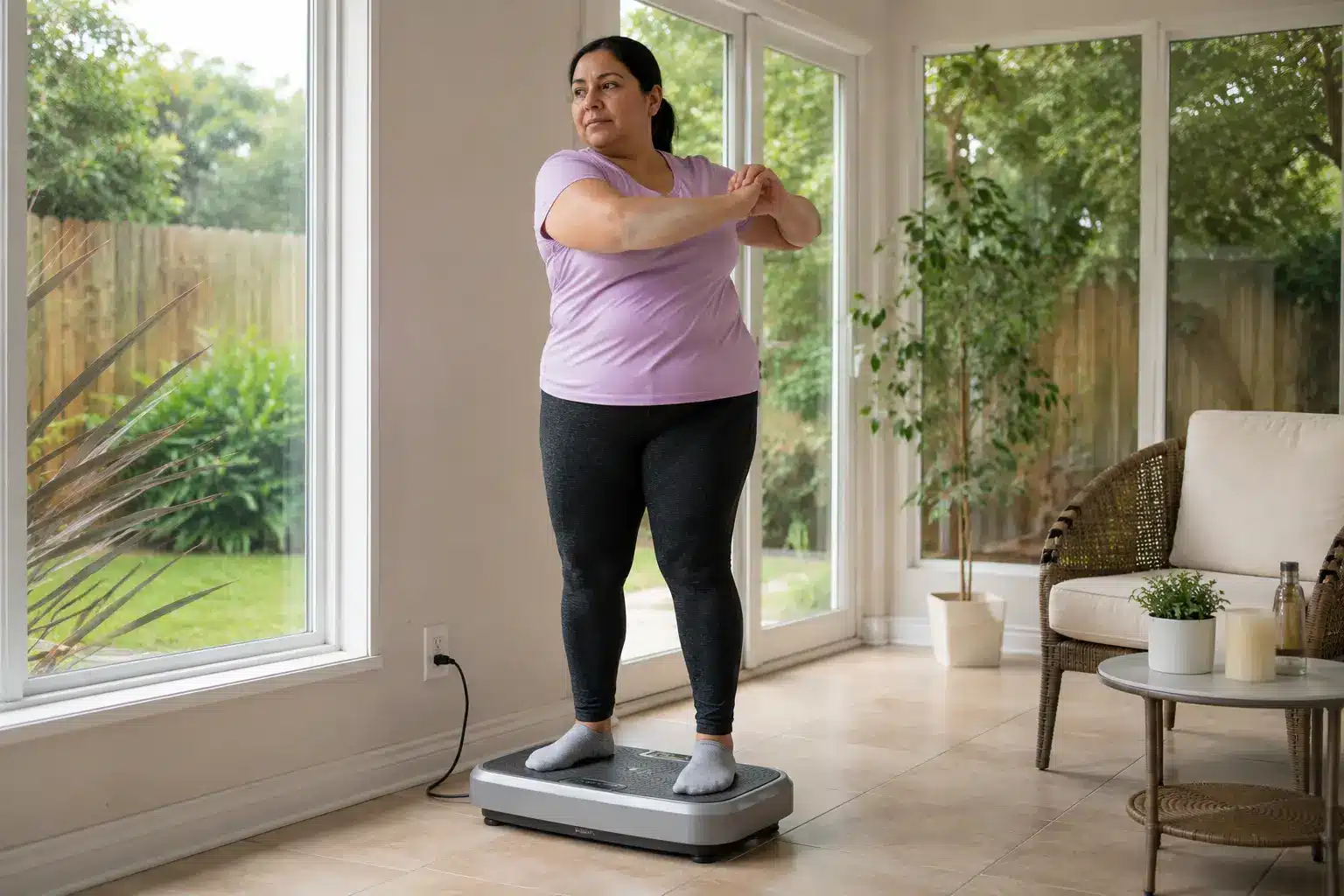 Woman with an overweight build doing a standing twist on a vibration plate in a bright sunroom. Woman with an overweight build doing a standing twist on a vibration plate in a bright sunroom.