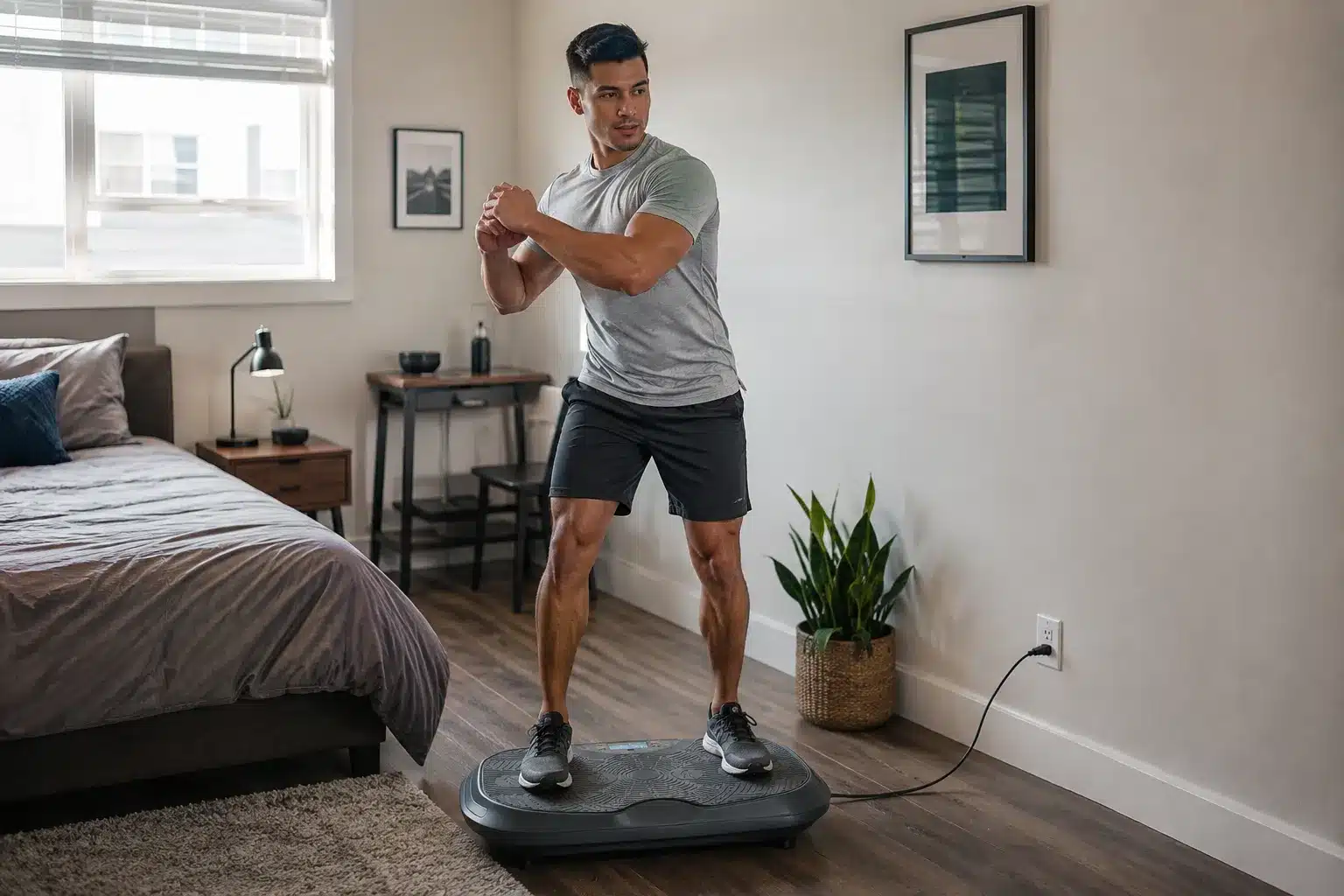 Young Latino man doing a standing twist on the Sunny Health & Fitness Fitboard 3D in a modern bedroom. Young Latino man doing a standing twist on the Sunny Health & Fitness Fitboard 3D in a modern bedroom.