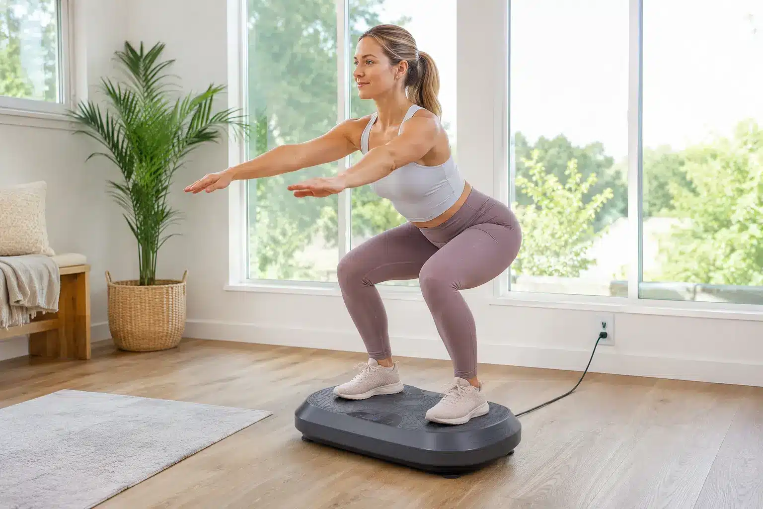 Young woman doing a squat on the Sunny Health & Fitness Fitboard 3D in a bright sunlit home workout room. Young woman doing a squat on the Sunny Health & Fitness Fitboard 3D in a bright sunlit home workout room.