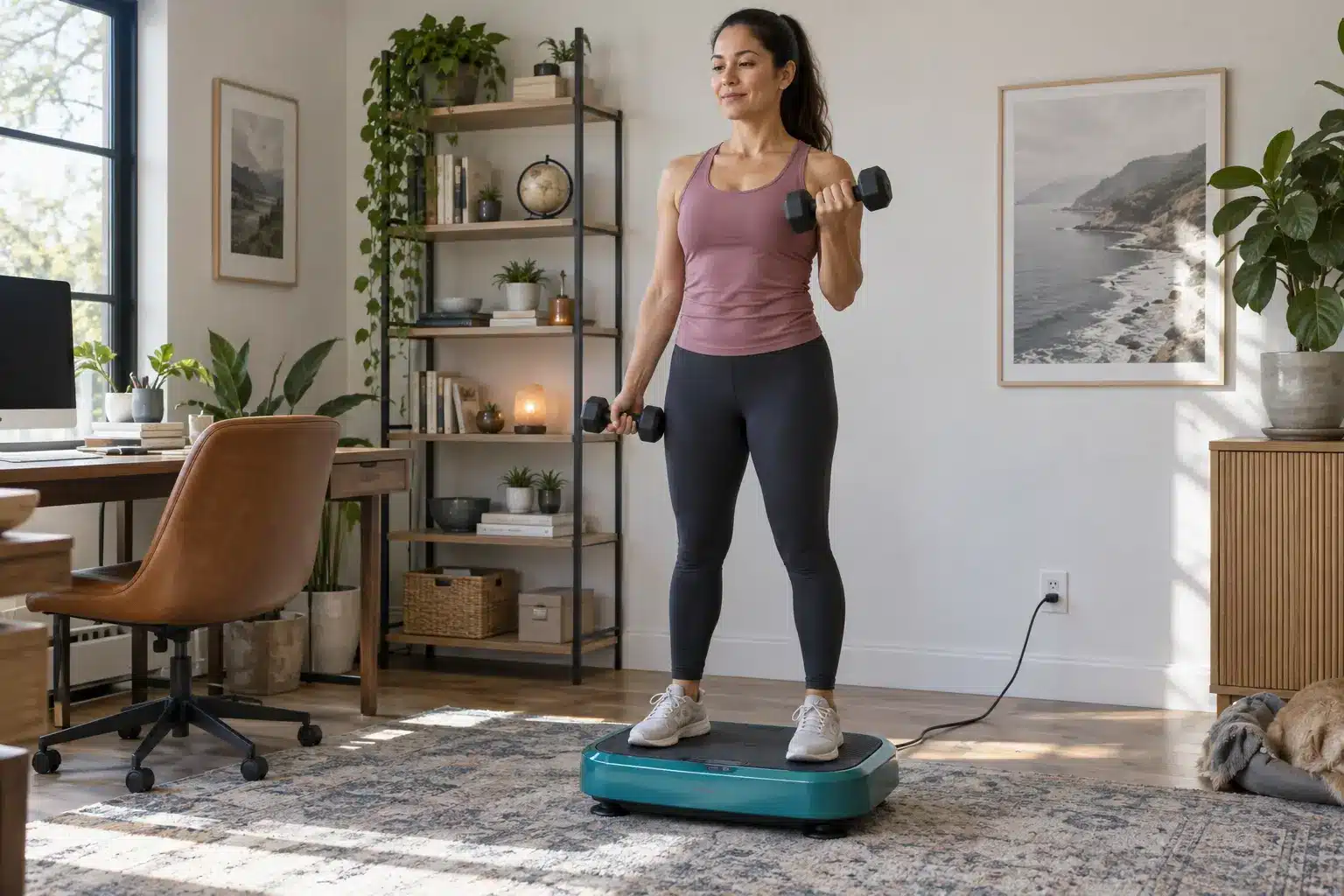 A Latina woman doing dumbbell curls on a teal vibration plate in a home office workout space. A Latina woman doing dumbbell curls on a teal vibration plate in a home office workout space.
