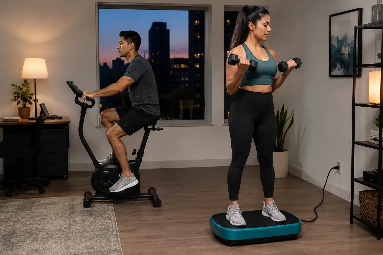 A Latina woman doing dumbbell curls on a teal vibration plate while a Latino man rides an exercise bike in a cozy home workout room at dusk A Latina woman doing dumbbell curls on a teal vibration plate while a Latino man rides an exercise bike in a cozy home workout room at dusk