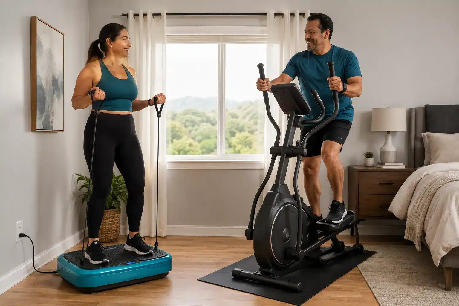 A Latina woman using resistance bands on a teal vibration plate while a Latino man uses an elliptical machine in a bedroom workout space A Latina woman using resistance bands on a teal vibration plate while a Latino man uses an elliptical machine in a bedroom workout space
