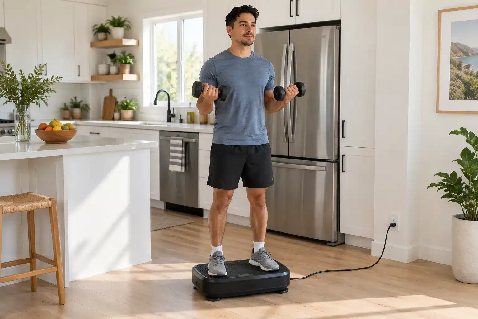 A Latino man doing dumbbell curls on a black vibration plate in a bright modern kitchen. A Latino man doing dumbbell curls on a black vibration plate in a bright modern kitchen.