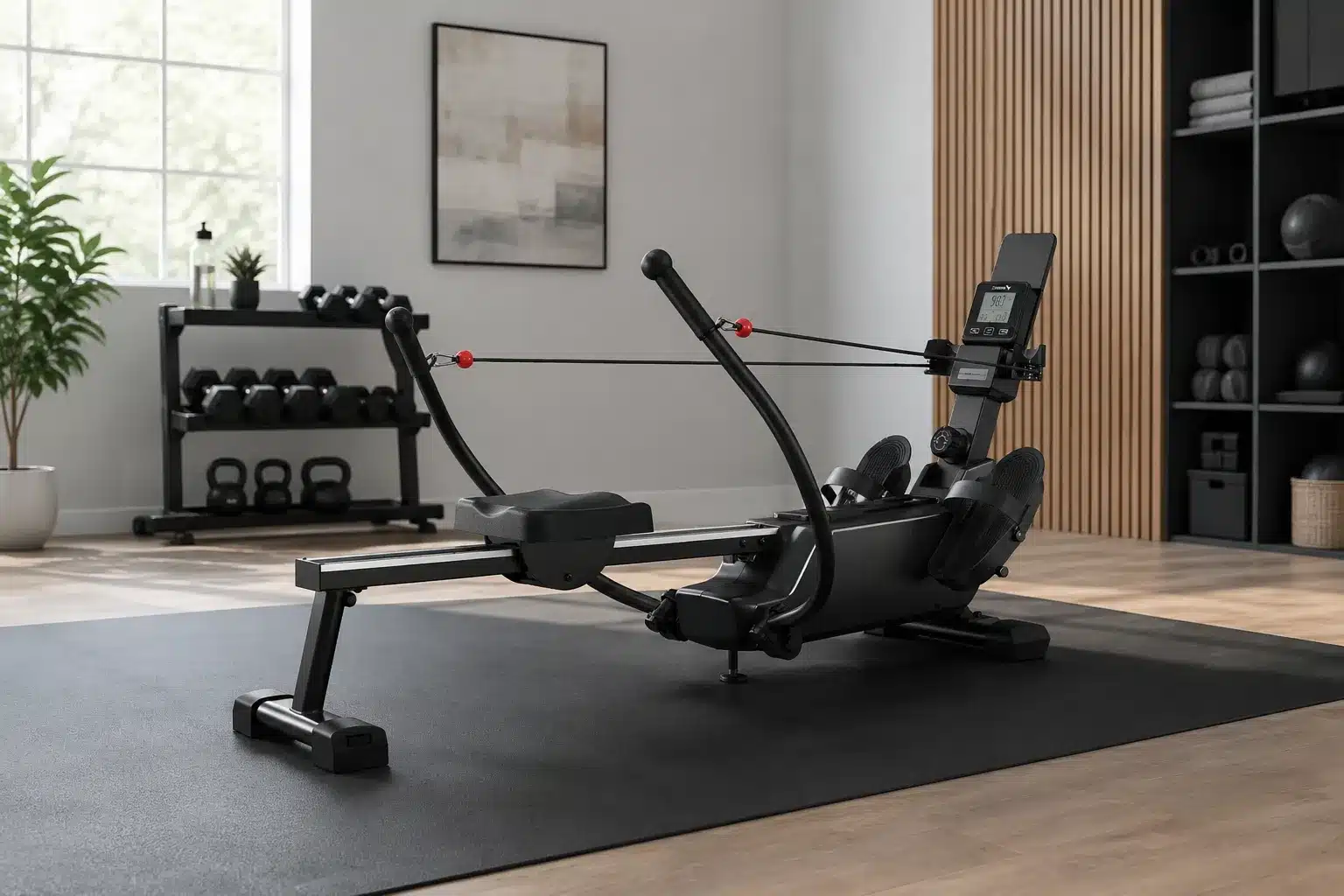 A MERACH RS3 rowing machine A MERACH RS3 rowing machine in a modern home gym.