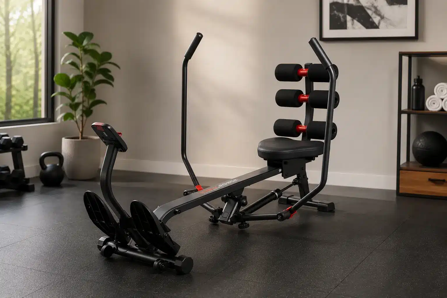 A Sunny Health & Fitness Smart rowing machine A Sunny Health & Fitness Smart rowing machine in a home gym.
