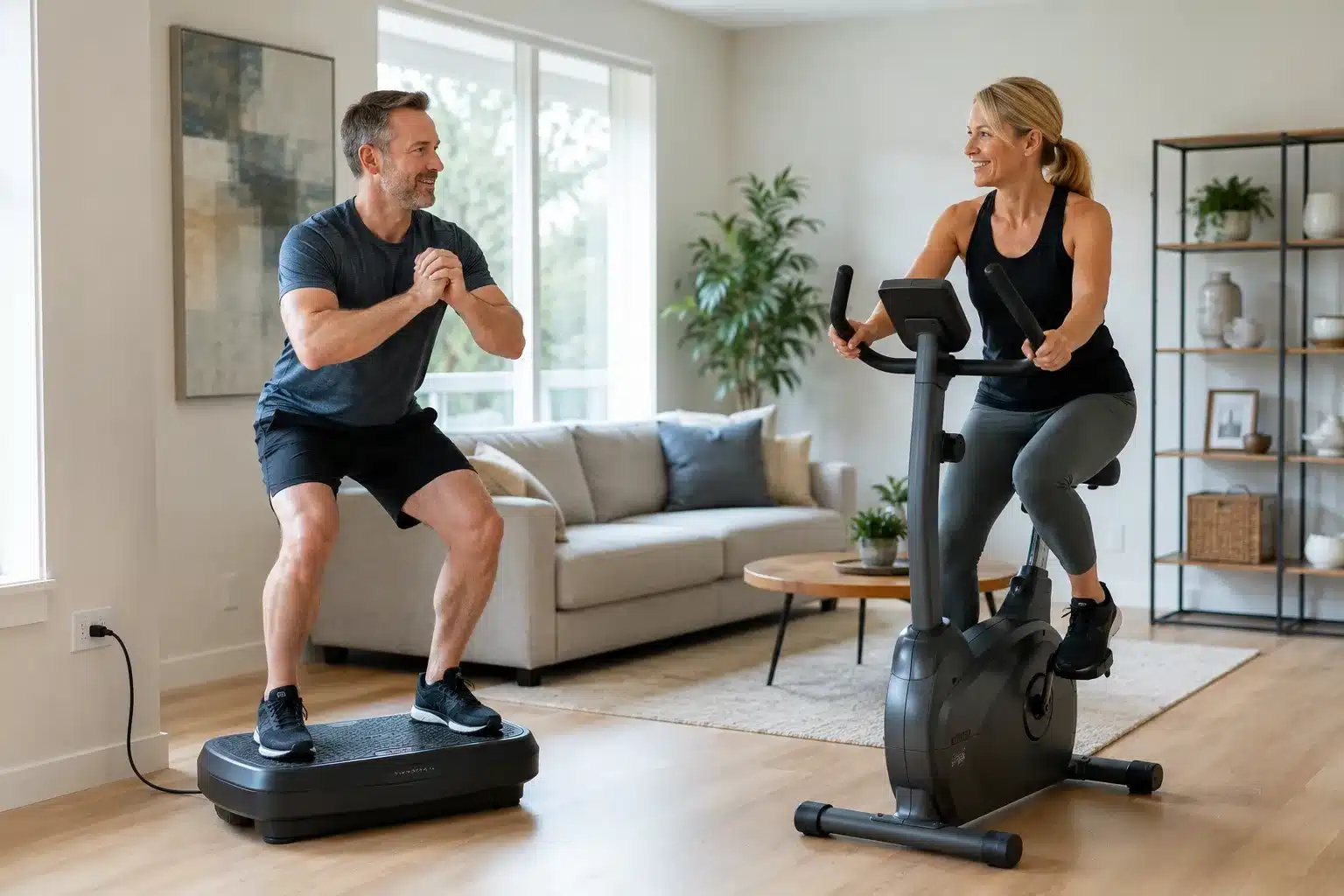 A man doing a half squat on a vibration plate while a woman rides an exercise bike in a bright modern living room A man doing a half squat on a vibration plate while a woman rides an exercise bike in a bright modern living room