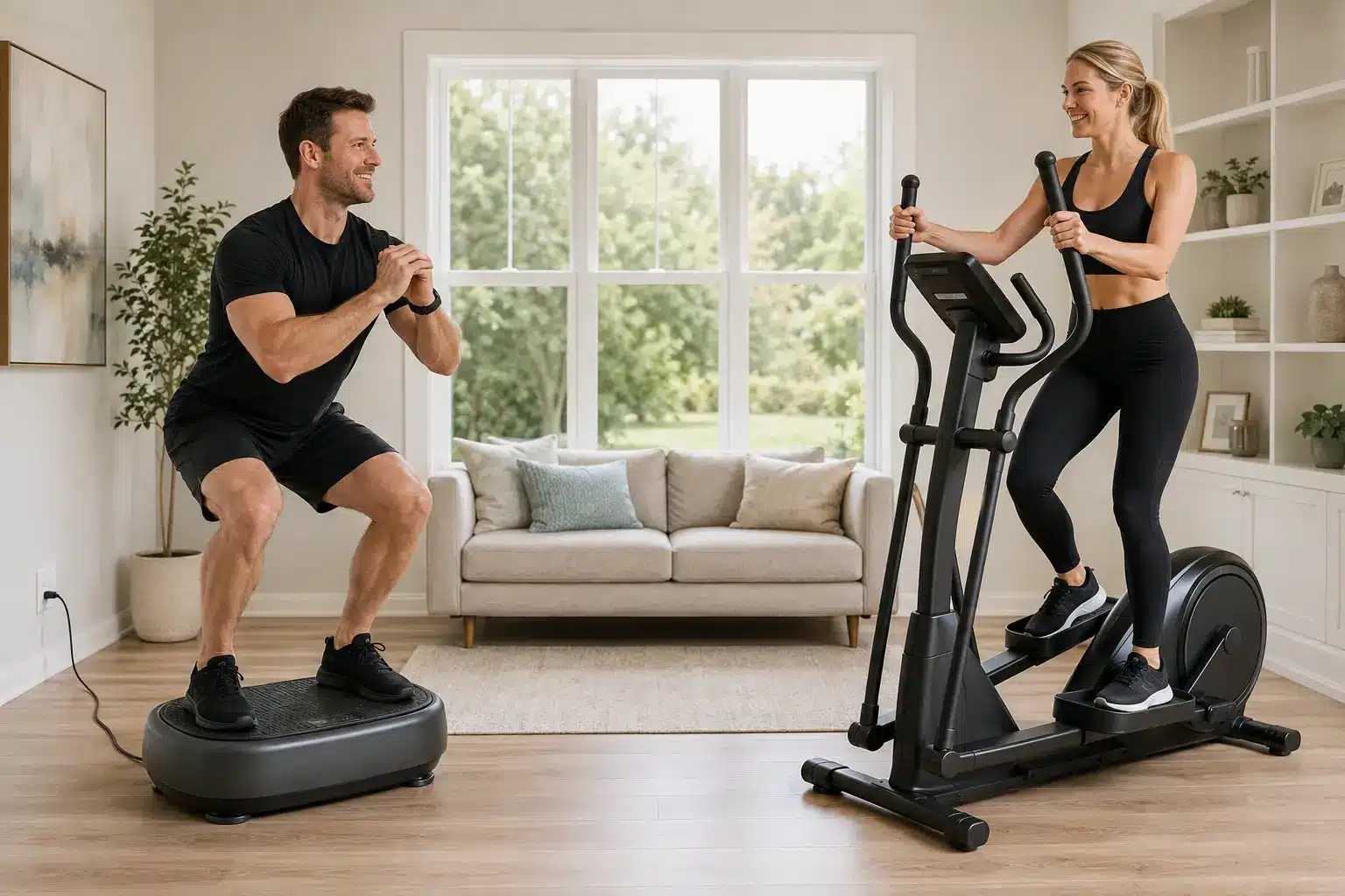 A man doing a squat on a vibration plate while a woman uses an elliptical machine in a bright living room gym. A man doing a squat on a vibration plate while a woman uses an elliptical machine in a bright living room gym.