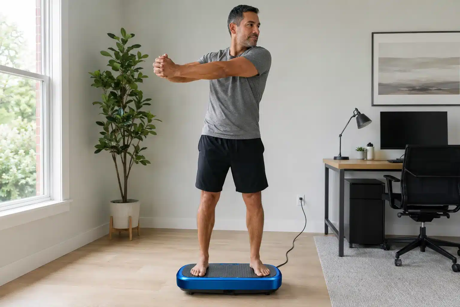 A man doing a standing twist on a blue vibration plate in a bright home office. A man doing a standing twist on a blue vibration plate in a bright home office.