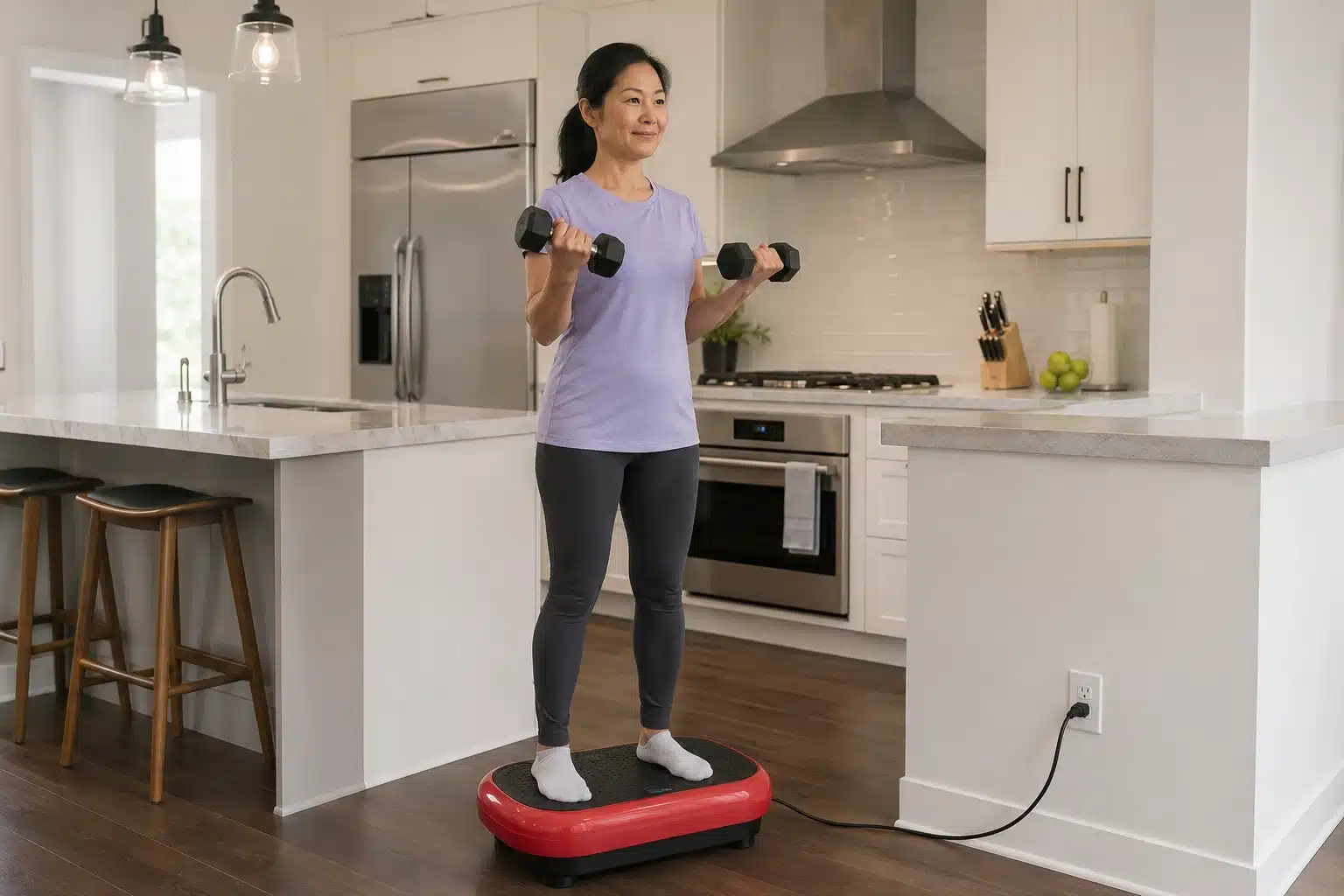 A middle-aged Asian woman doing dumbbell curls on a red vibration plate in a bright modern kitchen. A middle-aged Asian woman doing dumbbell curls on a red vibration plate in a bright modern kitchen.