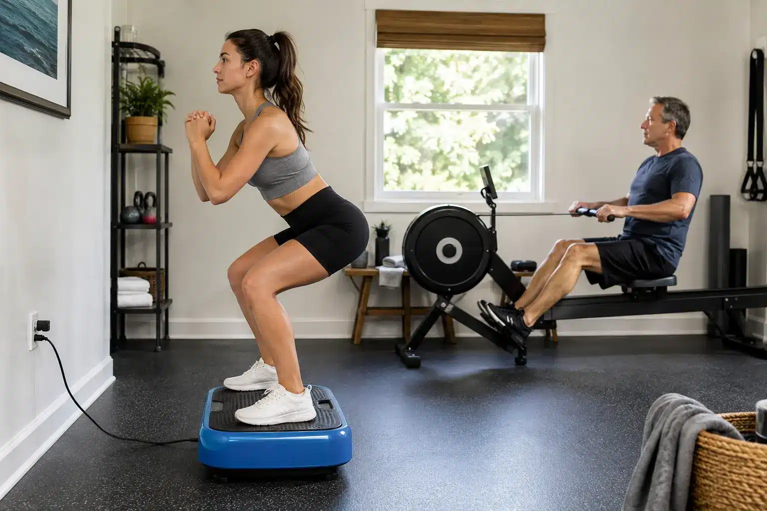 A woman doing a squat on a blue vibration plate while a man uses a rowing machine in a bright home gym A woman doing a squat on a blue vibration plate while a man uses a rowing machine in a bright home gym