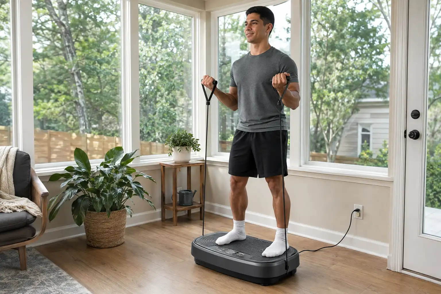 A young man using resistance bands on a gray vibration plate in a bright sunroom. A young man using resistance bands on a gray vibration plate in a bright sunroom.